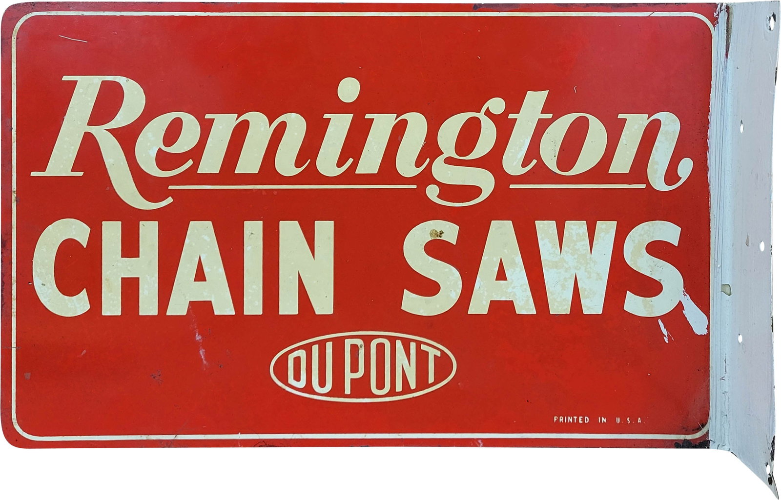 Dupont Remington Chain Saws Double Sided Tin Flange Sign: 15" x 9.75" DST flange sign shows wear and toning throughout each side with scratches, flaked paint, and minor surface rust. The flange section has a small bend and has been painted white.