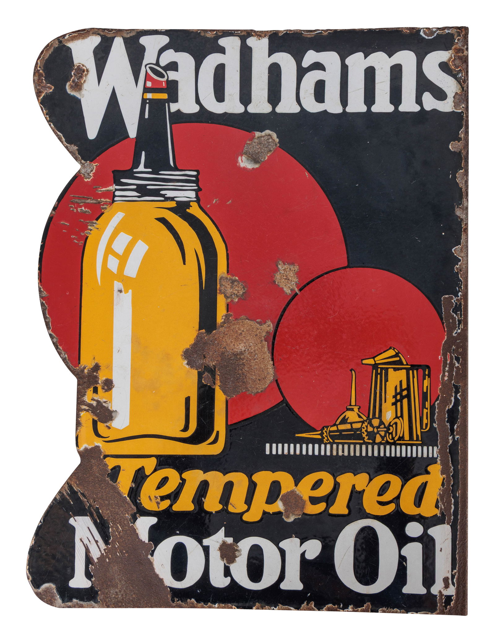 Wadhams Tempered Motor Oil DSP Flange Sign w/ Oil Bottle: 24" x 18", DSP die cut sign has good color and gloss. Side #1 has general wear throughout with large chips and areas of crazing. The reverse is in a similar condition to the display. The sign displays