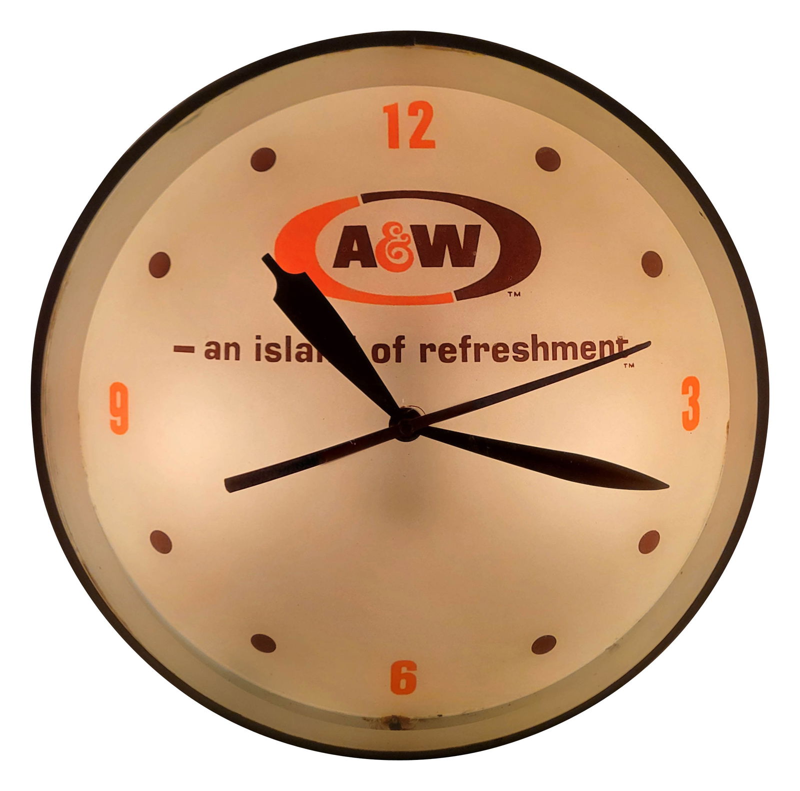 A & W Root Beer Double Bubble Light Up Advertising Clock: 15" working illuminated clock features a double bubble glass face with metal trim and can. The clock looks great when lit and there is minor wear to the can.