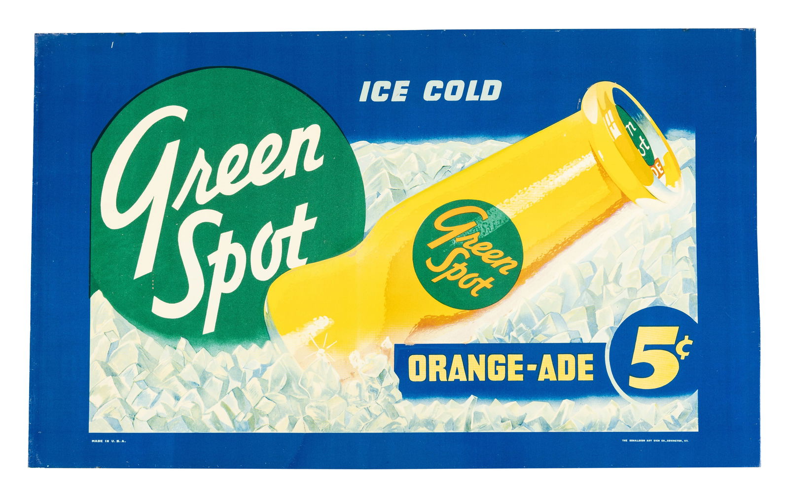 Ice Cold Green Spot Orange-Ade 5 Cents SST Sign w/ Bottle: 12" x 20", SST embossed sign has outstanding color and shine. The fields are clean with minor surface imperfections and small area of paper residue. The perimeter has a few light bends along the outer