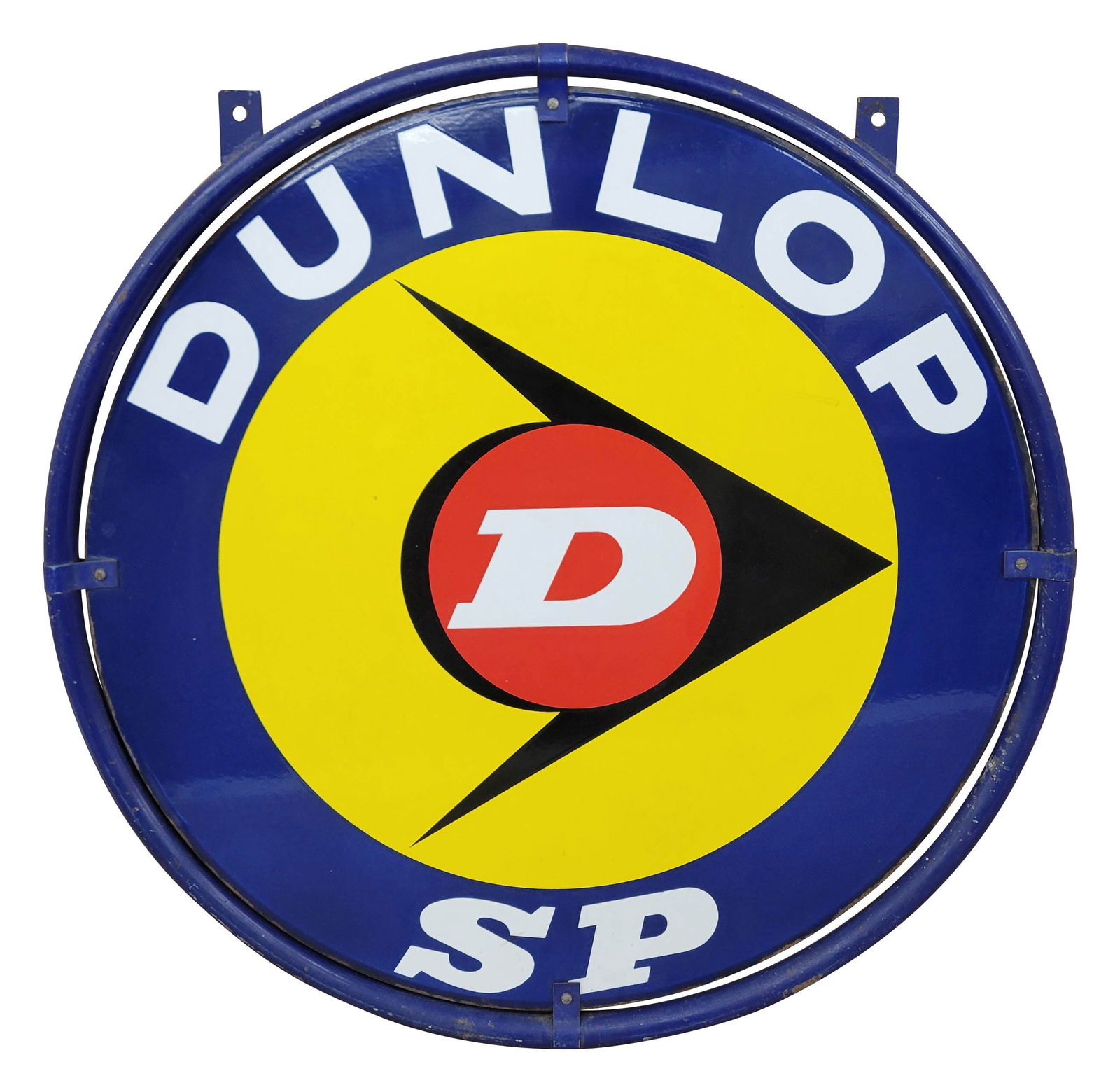 Dunlop SP Double Sided Porcelain Sign In Ring: 30" DSP porcelain sign in ring displays bright colors and high gloss throughout each side. There is a very small flea bite sized chip on one side on the outer dark blue perimeter. Minor edge wear is v