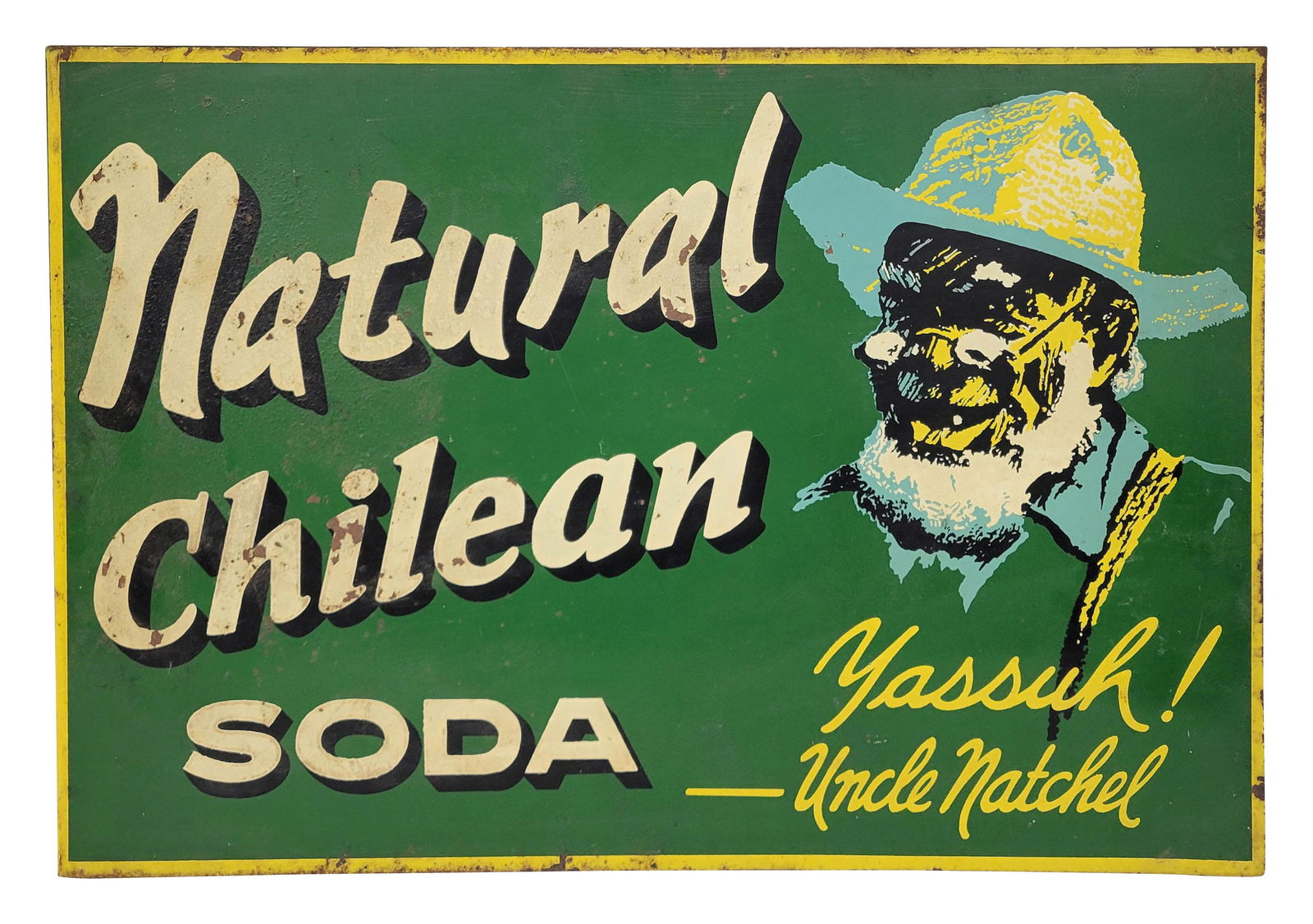 Natural Chilean Soda Double Sided Tin Flange Sign: 21.5" x 15" DST flange sign displays wear and age to the surface of each side with chipped paint and surface rust. The perimeter exhibits wear with stains and paint chips.