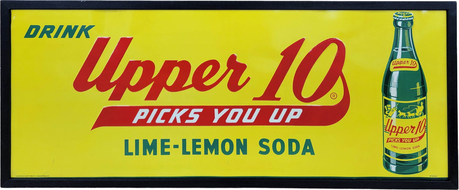 Drink Upper 10 Lime-Lemon Soda Single Sided Tin Embossed Sign In Frame: 30.5" x 12.75" SST embossed sign features the Upper 10 bottle embossed logo with bright colors and good shine. There are minor scuffs and several shallow bends in the field with faint shadowing of the