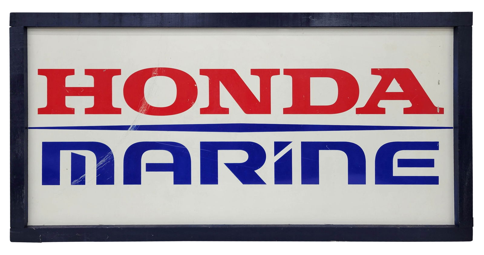 Honda Marine Single Sided Tin Sign In Frame: 24.5" x 48.5" SST sign in wood frame has good color with scratches in the field. The wood frame has 2 hangers attached at the top.