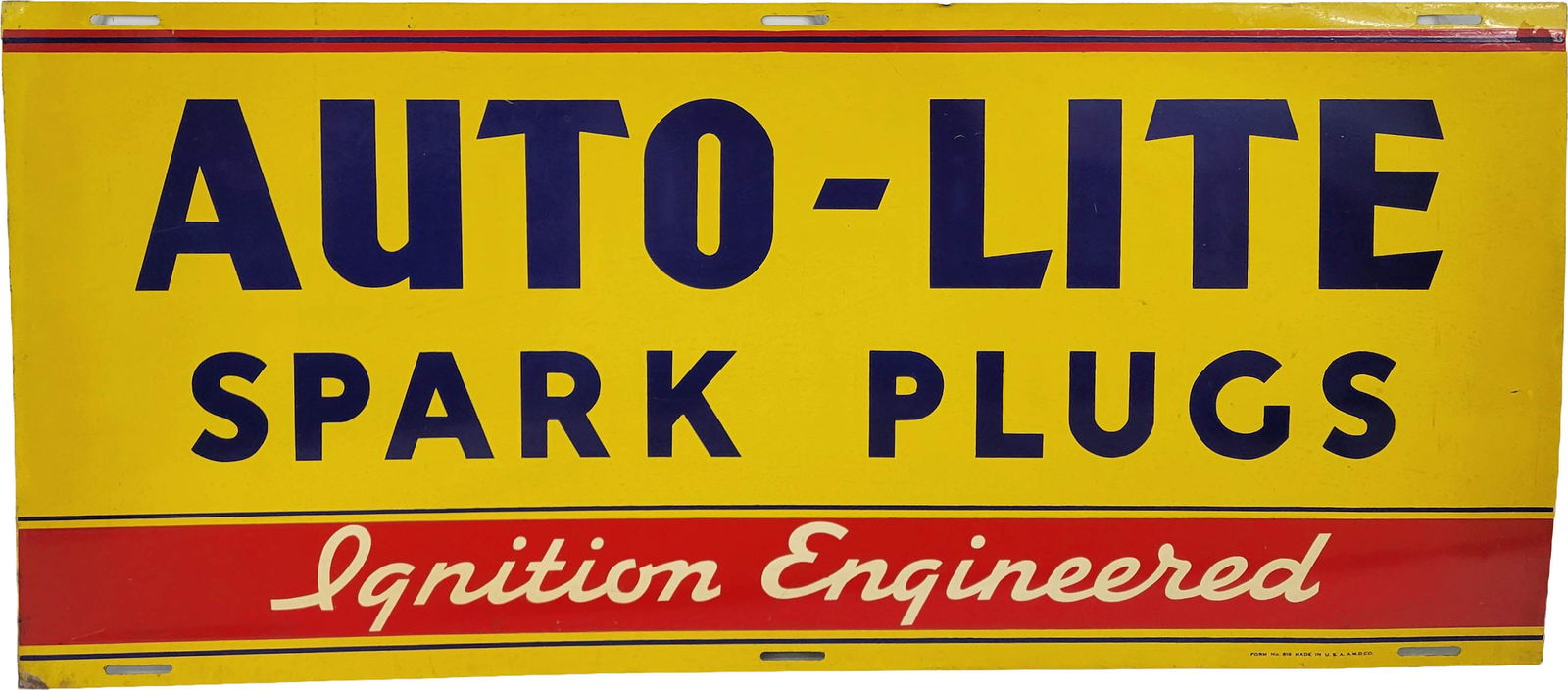 Auto Lite Spark Plugs Ignition Engineered Single Sided Tin Sign: 30" x 13" SST sign displays good color and shine with minor marks and scuffs in the field. The perimeter has light wear with the lower left corner displaying a small bend with paint loss.