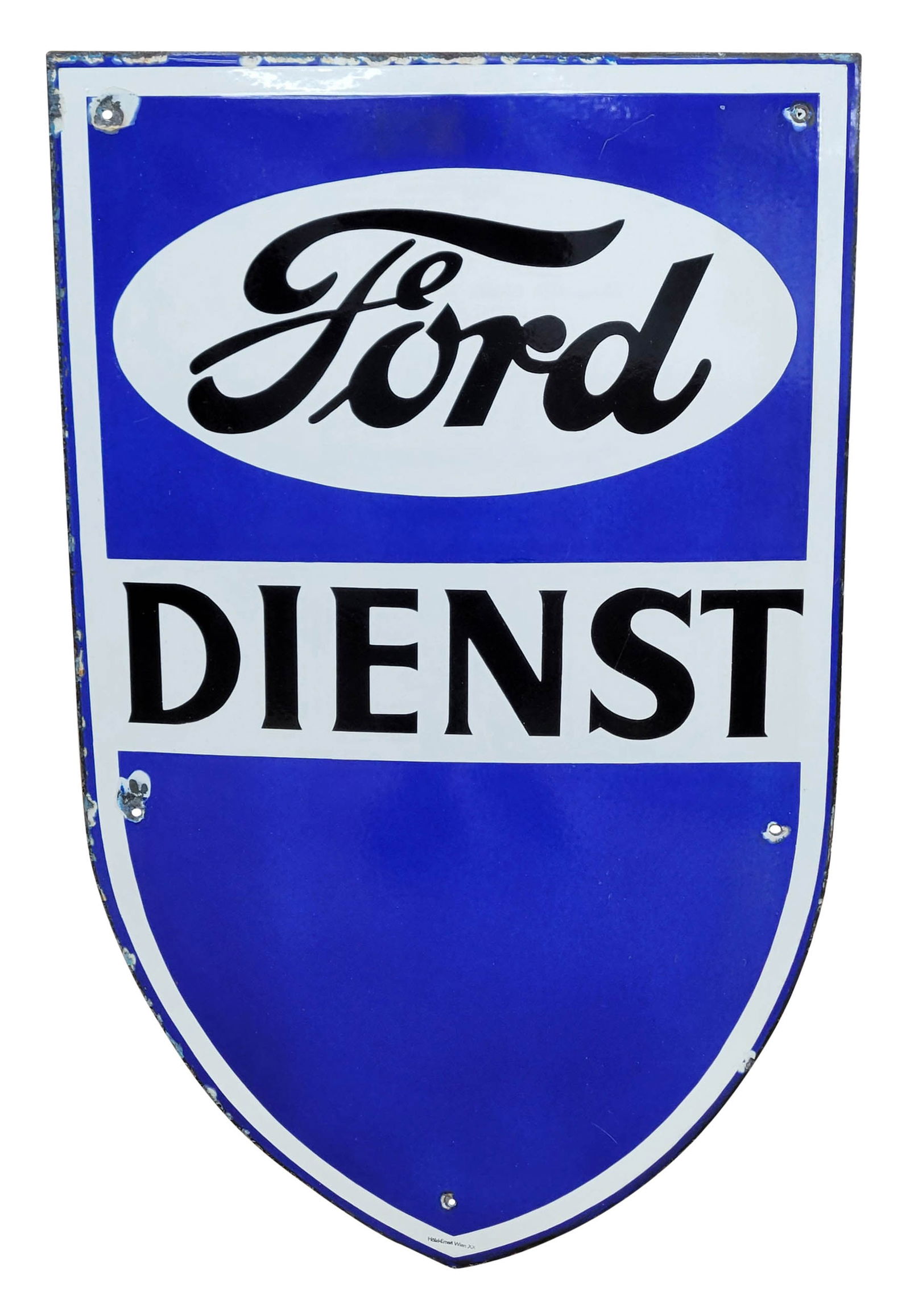 Ford Dienst Single Sided Porcelain Sign: 24" x 39" features the classic Ford oval logo with bold lettering, bright colors, and high gloss throughout. There are minor scuffs in the field and small chips at the mounting holes. The perimeter sh