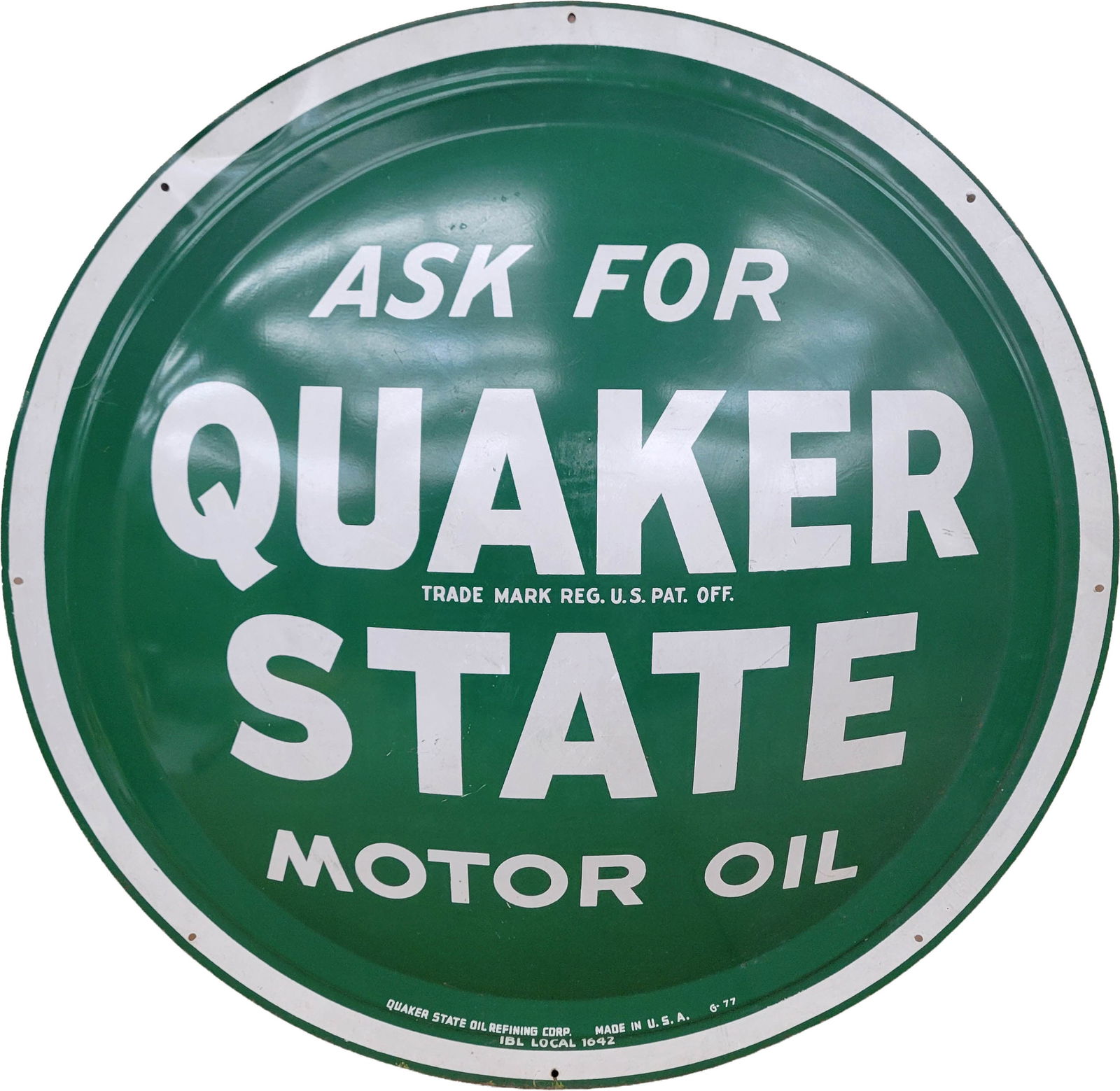 24" Ask For Quaker State Motor Oil Single Sided Tin Convex Dome Sign (1 of 2)