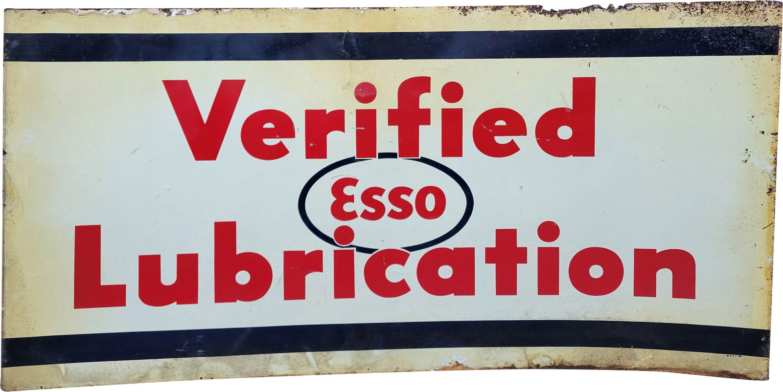 Esso Verified Lubrication 6' Single Sided Tin Sign: 36" x 72", SST sign has wear throughout. The field displays stains and scratches. The perimeter has additional wear with stains, flaked paint, rust, and small areas of missing metal.