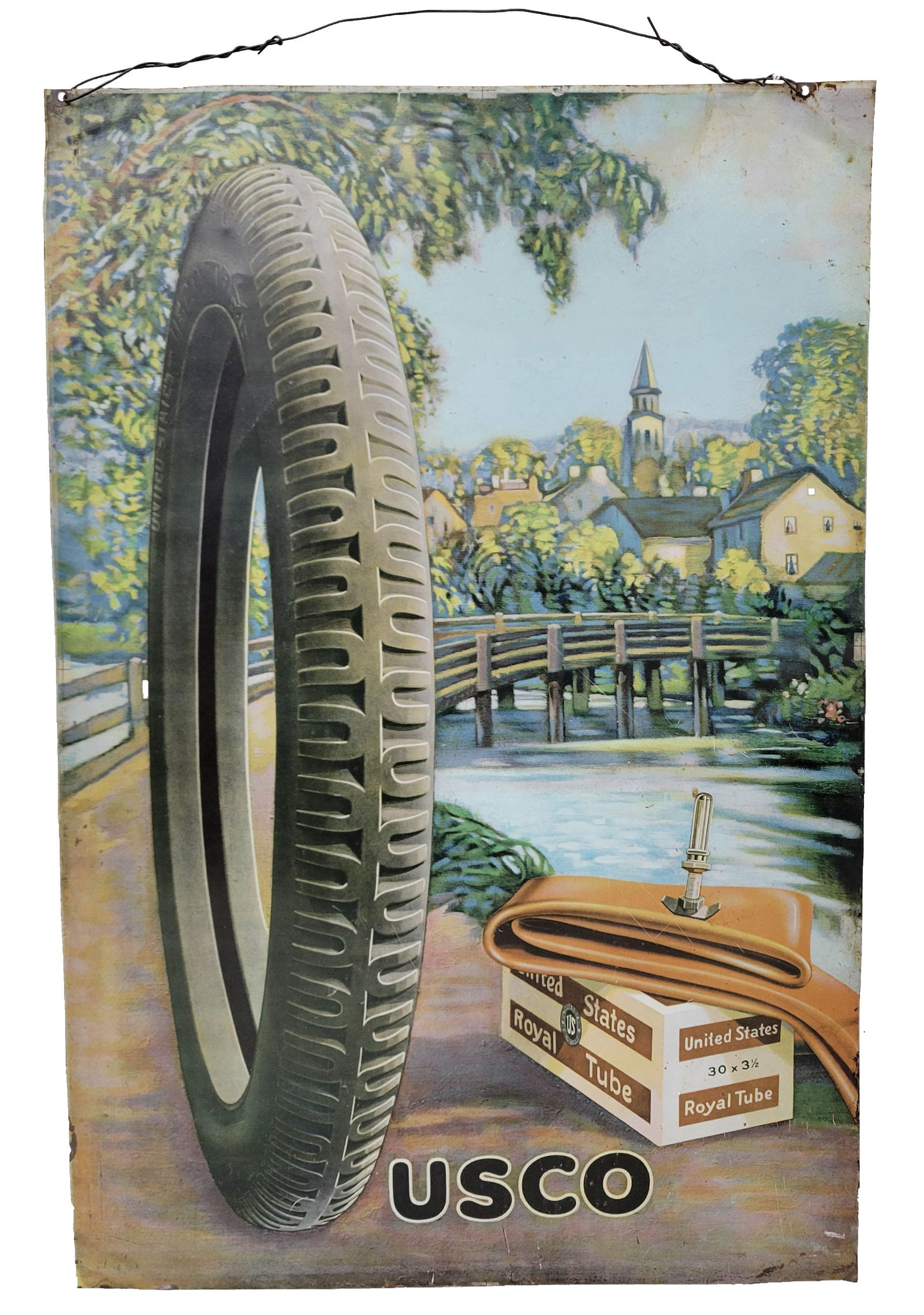 USCO Royal Tube Single Sided Tin Sign: 19" x 29" SST sign exhibits excellent colors with detailed graphics. There is light wear to the surface with fine scratches throughout. The perimeter has light wear with small scratches and minor bend