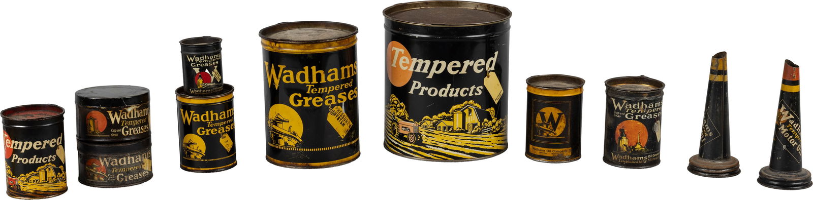 Group of 11 Wadhams Grease Cans & Oil Spouts: Group of eleven paint metal Wadhams items includes 9 grease cans and two oil spouts. The grease cans retains their lids and the spouts do not have lids. Overall an outstanding group of tough to find W