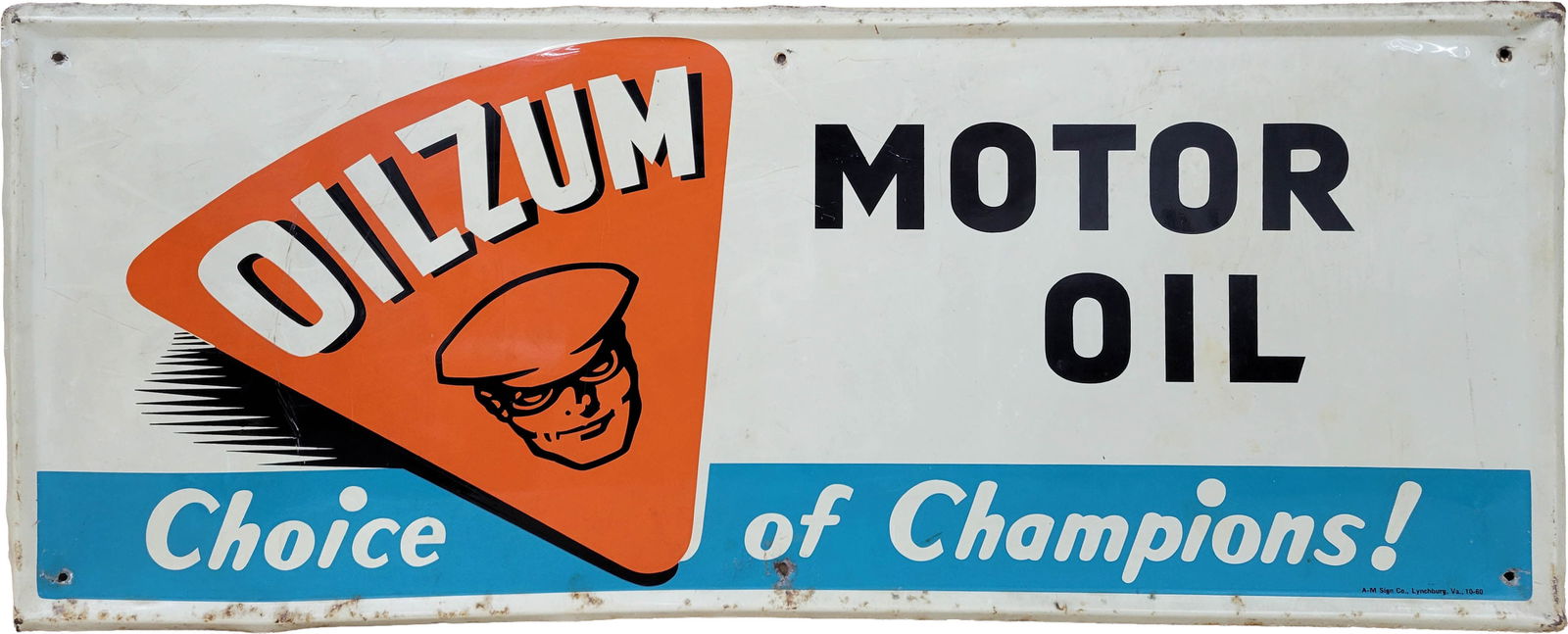 Oilzum Motor Oil Choice Of Champions Single Side Tin Sign: 36" x 15" SST sign has good shine, light scratches, and light staining throughout the field. The perimeter has wear with spots of surface rust and small bends. A-M Sign Co.