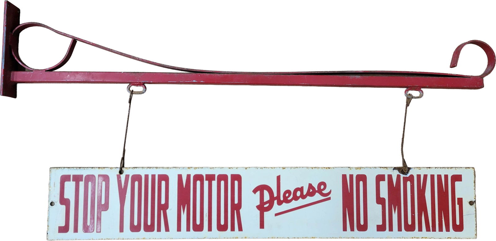 Stop Your Motor Please No Smoking Double Sided Porcelain Service Station Sign On Bracket (1 of 2)