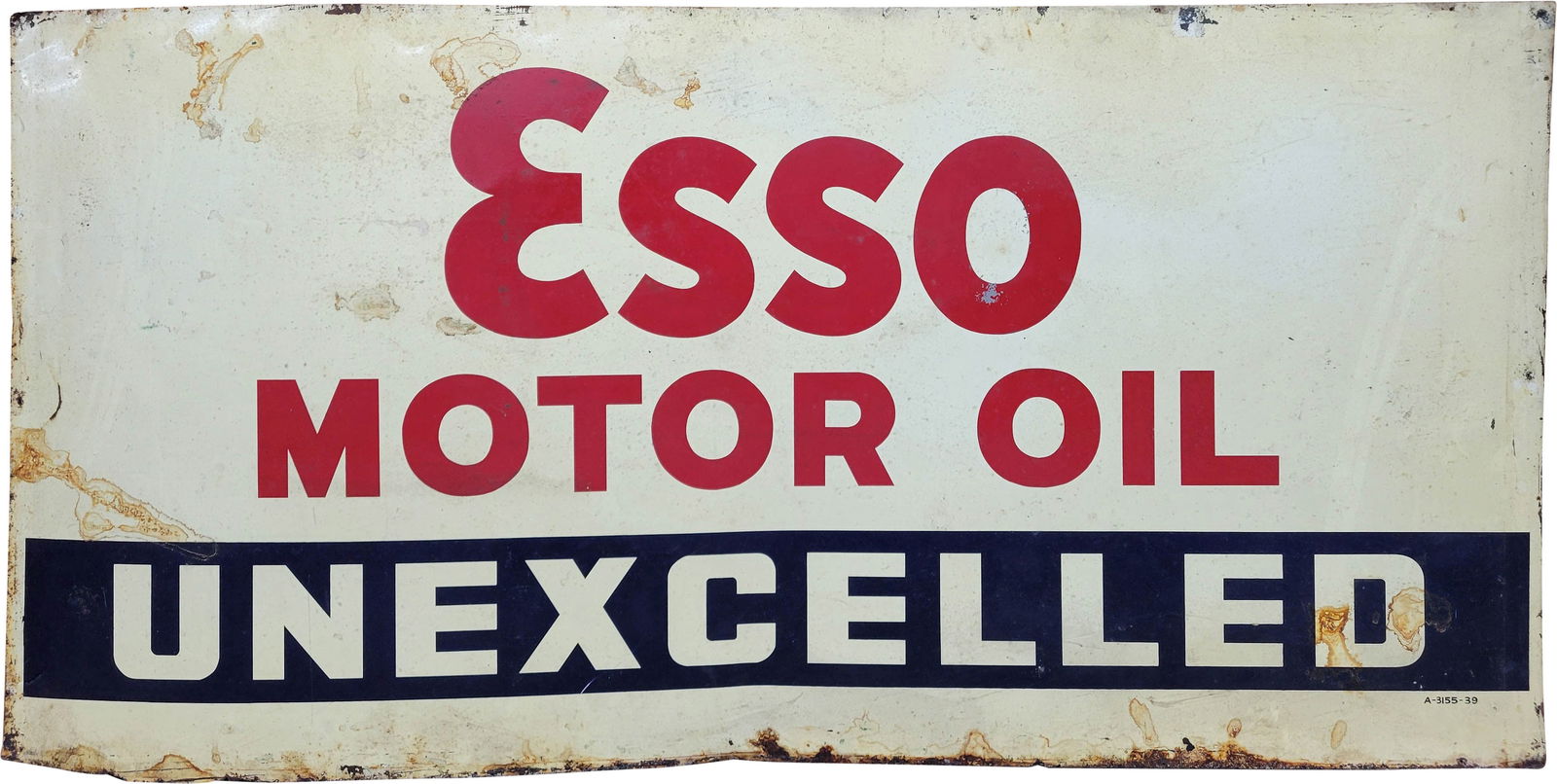 Esso Motor Oil Unexcelled 6' Single Sided Tin Sign: 36" x 72", SST sign has wear throughout. The field displays stains and scratches. The perimeter has additional wear with stains, flaked paint, rust and small bends. Marked A-3155-39.