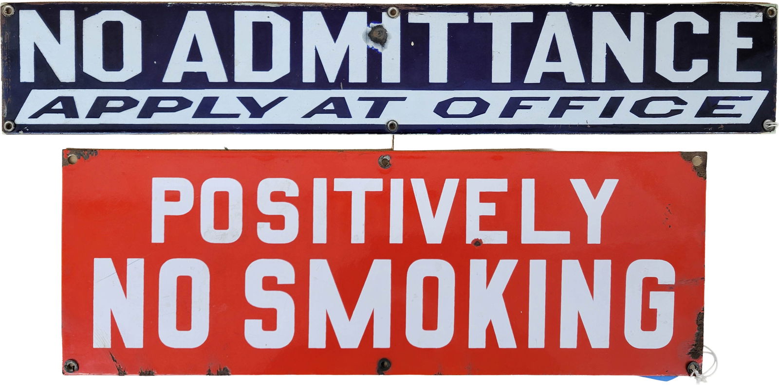 Positively No Smoking and No Admittance Single Sided Porcelain Signs: Lot of 2 SSP signs include a 20" x 7" No Smoking sign with good color and gloss that displays a small chip in the field. The perimeter shows wear with chips and crazing. Also included is a 24" x 4" No