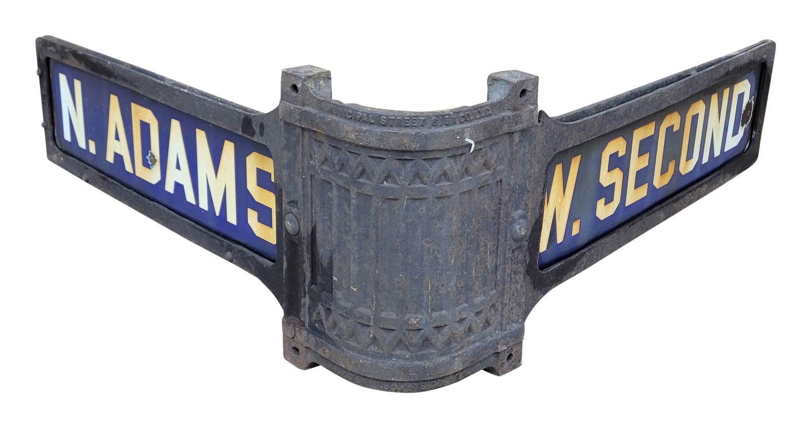 N. Adams / W. Second Double Sided Porcelain And Cast Iron Street Sign: 29" x 29" double sided street sign features a decorative cast iron bracket with 2 cobalt blue DSP signs. The bracket shows normal signs of age with rust and patina. The 2 porcelain signs exhibit wear