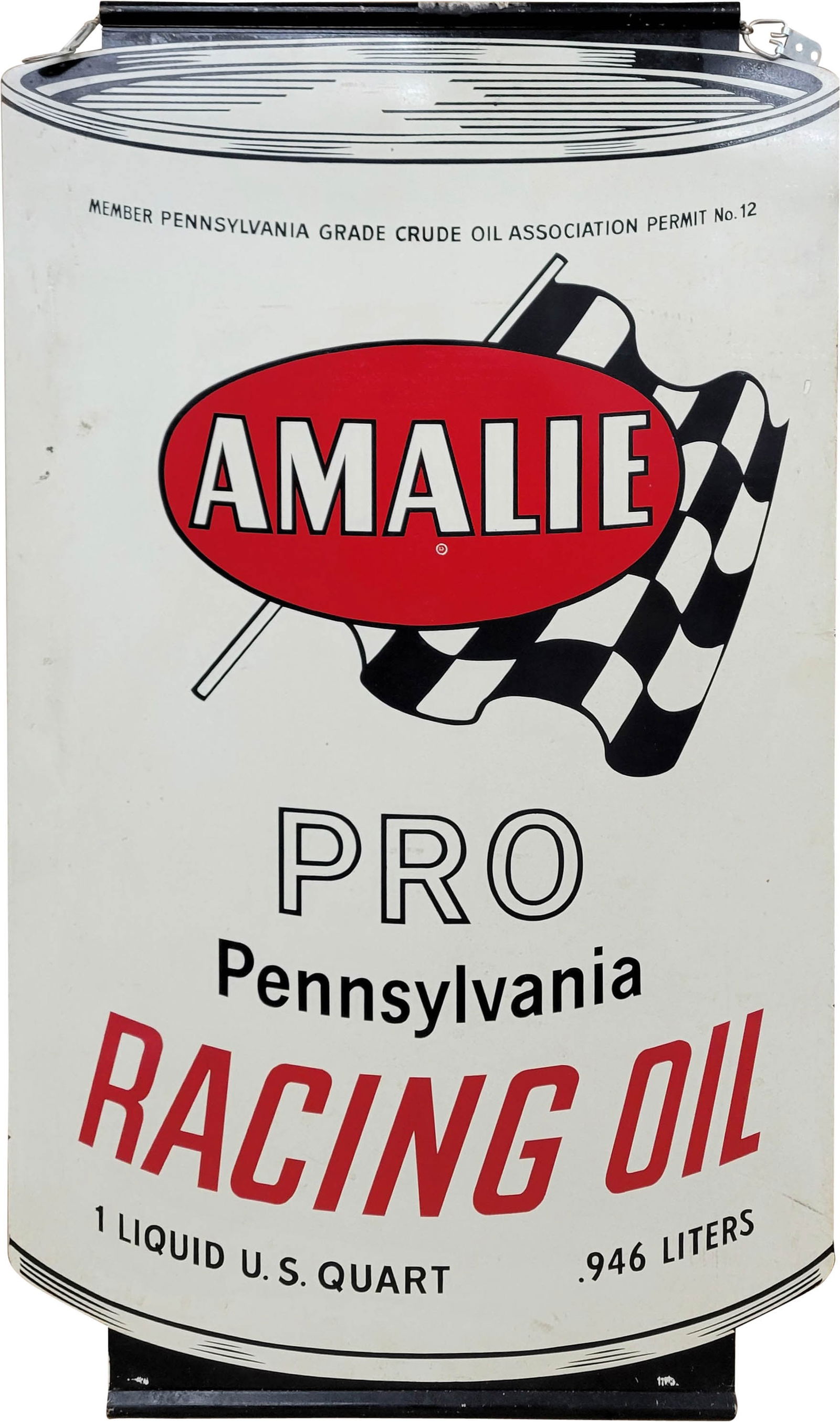 Amalie Pro Pennsylvania Racing Oil The Oilier Oil Double Sided Tin Sign: 19.75" x 34" DST sign is designed in the likeness of an oil can, exhibiting good color and a moderate shine on both sides, each displaying a different logo. One side reads, "Amalie Pennsylvania Motor