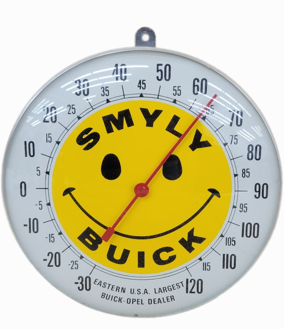 1970's Smyly Buick Opel Dealer Round Thermometer: 10" working round thermometer features a glass face and metal can. It displays excellent color and is in like new condition. 1970's.