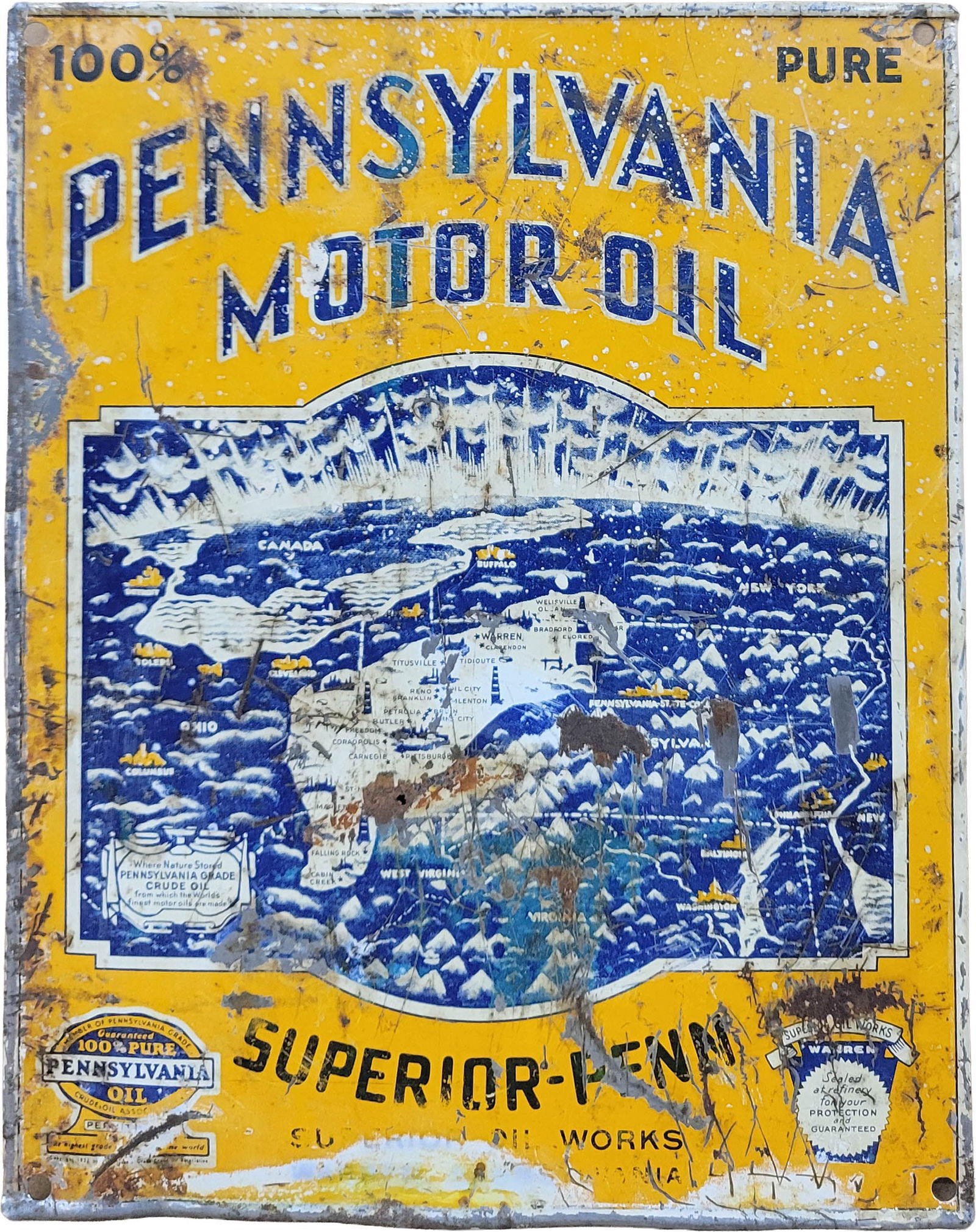 Pennsylvania Motor Oil Single Sided Tin Sign: 7.5" x 9.5" SST sign shows signs of wear and age throughout with scratches, flaked paint, a pin hole in the center, small bends, and surface rust.