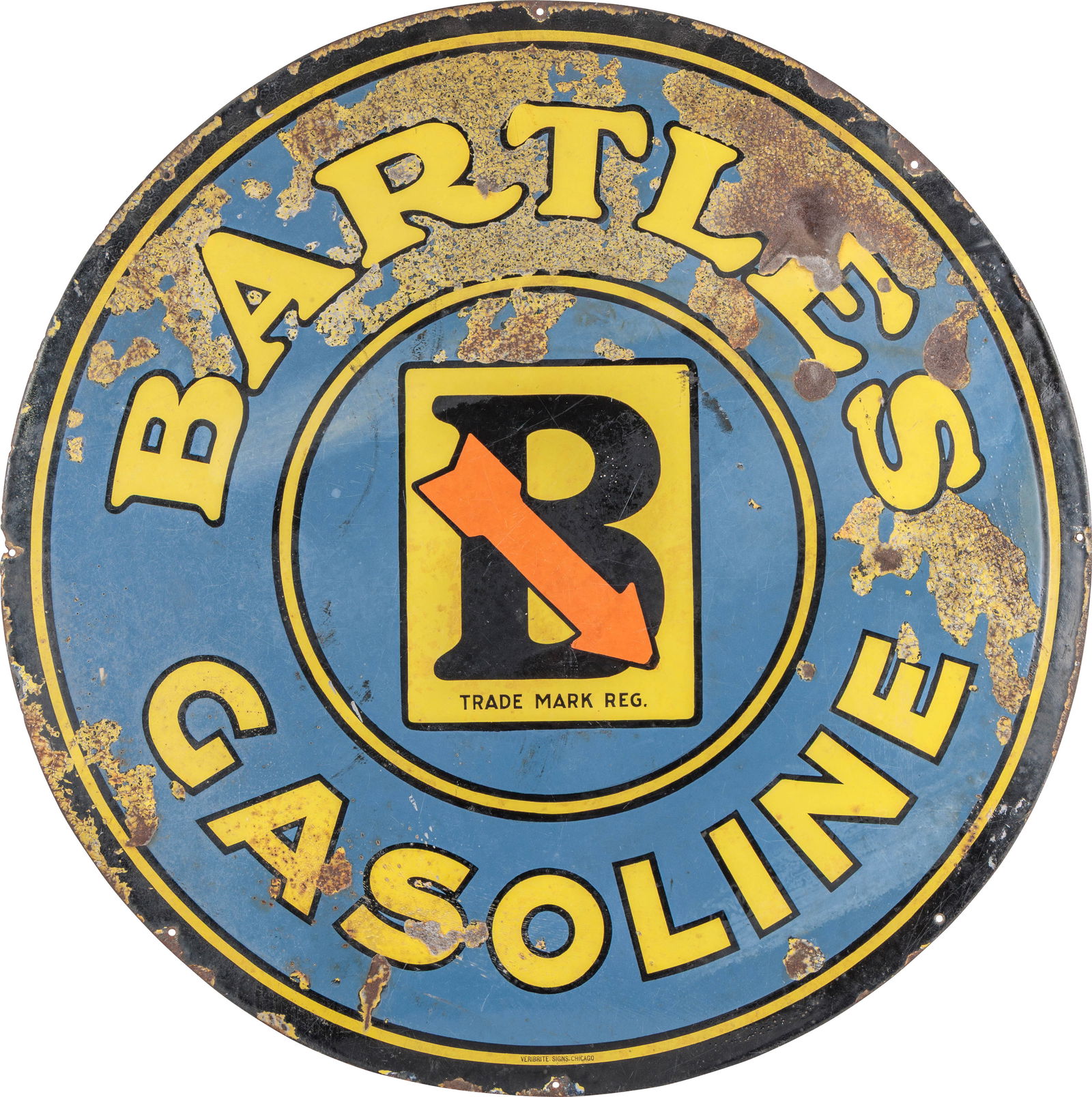 Rare Bartles Gasoline 42' SSP Sign w/ Logo: 42" D., SSP sign has good color. The field has areas of discoloration and surface wear with larger chips in the outer fields and perimeter. Marked Veribrite Signs - Chicago. This is a tough sign to fi