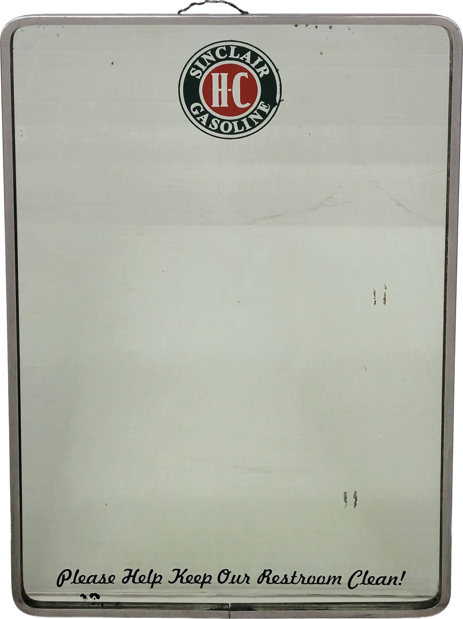 H-C Sinclair Service Station Mirror: 21" x 14" service station mirror is in good condition with a few small scratches. It features the Sinclair logo at the top and the bottom reads " Please Help Keep Our Restrooms Clean".
