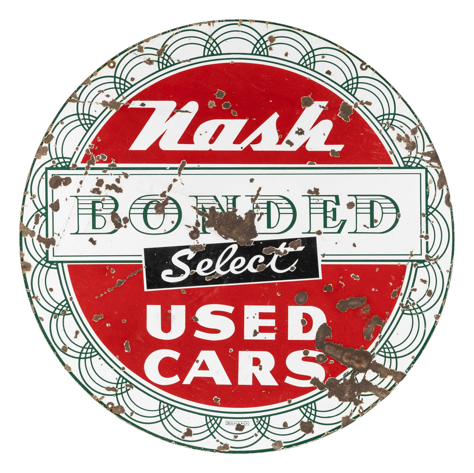 Nash Select Bonded Used Cars 42" DSP Sign: 42" D., DSP sign has good color and gloss. Side #1 has dings in the fields with surface wear and chips. The perimeter has similar wear with tiny non-factory holes. The reverse is in a similar conditio