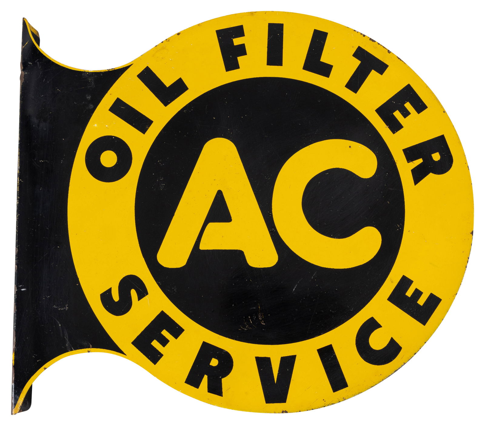 1941 AC Oil Filter Service DST Flange Sign: 11.75" x 13.5", DST flange has very good color and shine. The display has light wear with fine scratches and minor blistering. The field has one small area of color match below the "AC" lettering and