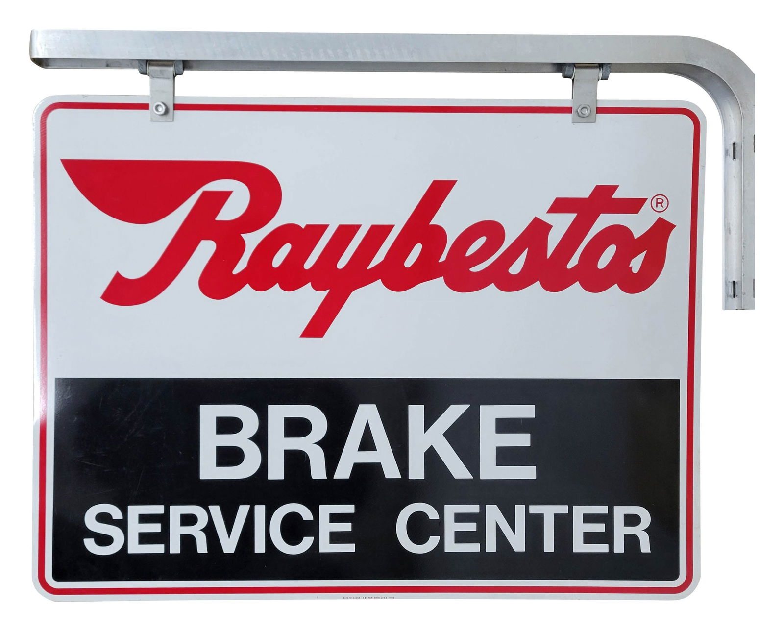 Raybestos Brake Service Center Double Sided Tin Hanging Sign w Bracket: 24" x 18" NOS (new old stock) DST hanging sign displays very well with bright colors and high shine throughout each side. There is a 1" fine scratch near the bottom edge on one side. The bracket is in