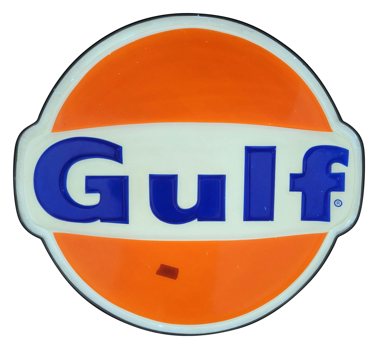 1981 Gulf Embossed Plastic Light Up Sign: 27.25" x 25.25" working Kolux light up sign features an embossed face with bright colors and minor wear. A new can has been added and it displays minor wear.