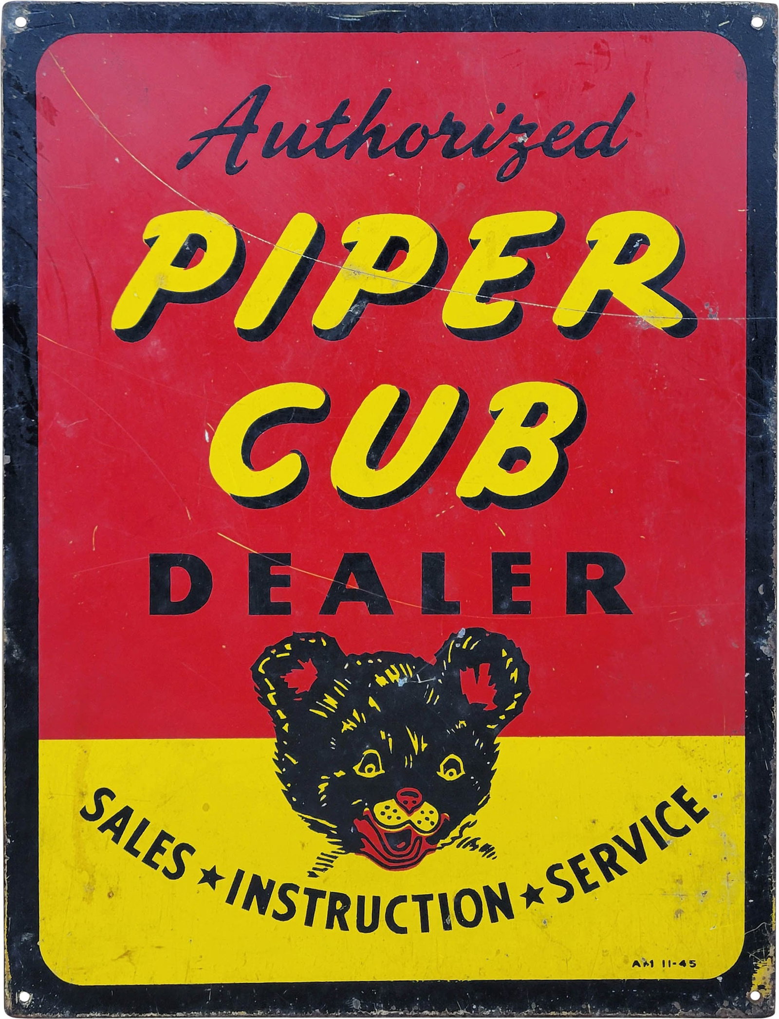 Authorized Piper Cub Dealer Double Sided Metal Sign: 9" x 12" double sided metal sign exhibits general wear throughout the field of each side including scratches, scuffs, and marks. The perimeter shows wear with scratches, flaked paint and minor surface