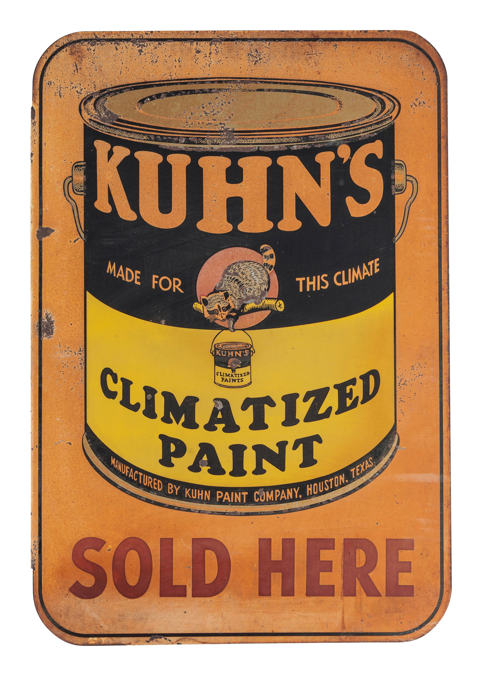 Rare Kuhn's Climatized Paint Sold Here DST Flange Sign w/ Racoon (1 of 3)