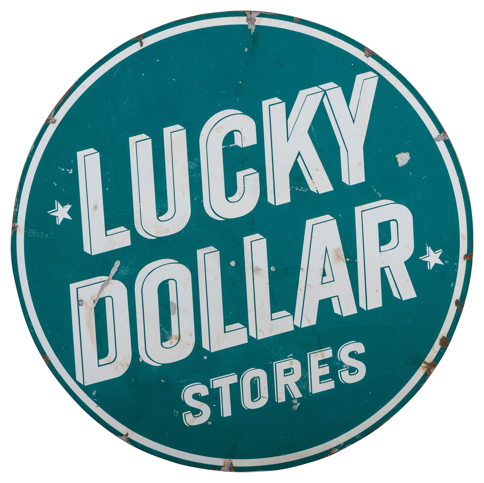 Lucky Dollar Stores 46" SSP Sign: 46.5", SSP sign with cookie cutter edge and added wooden backing has good color and gloss. The field has areas of surface wear with chips, crazing, discoloration and errant white paint drips. The peri