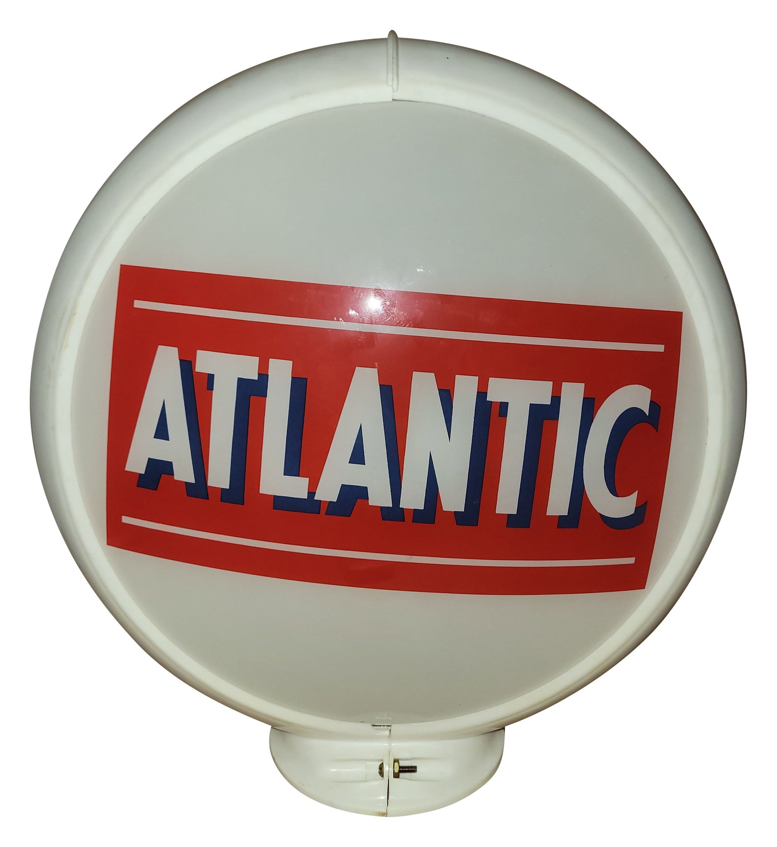 Atlantic Gasoline 13.5" Complete Capco Body Gas Pump Globe: Two 13.5" lenses mounted in a capco body. Lens #1 has a clean field and perimeter. The reverse lens is similar with a small area of discoloration in the lower outer field. The body is in good conditio