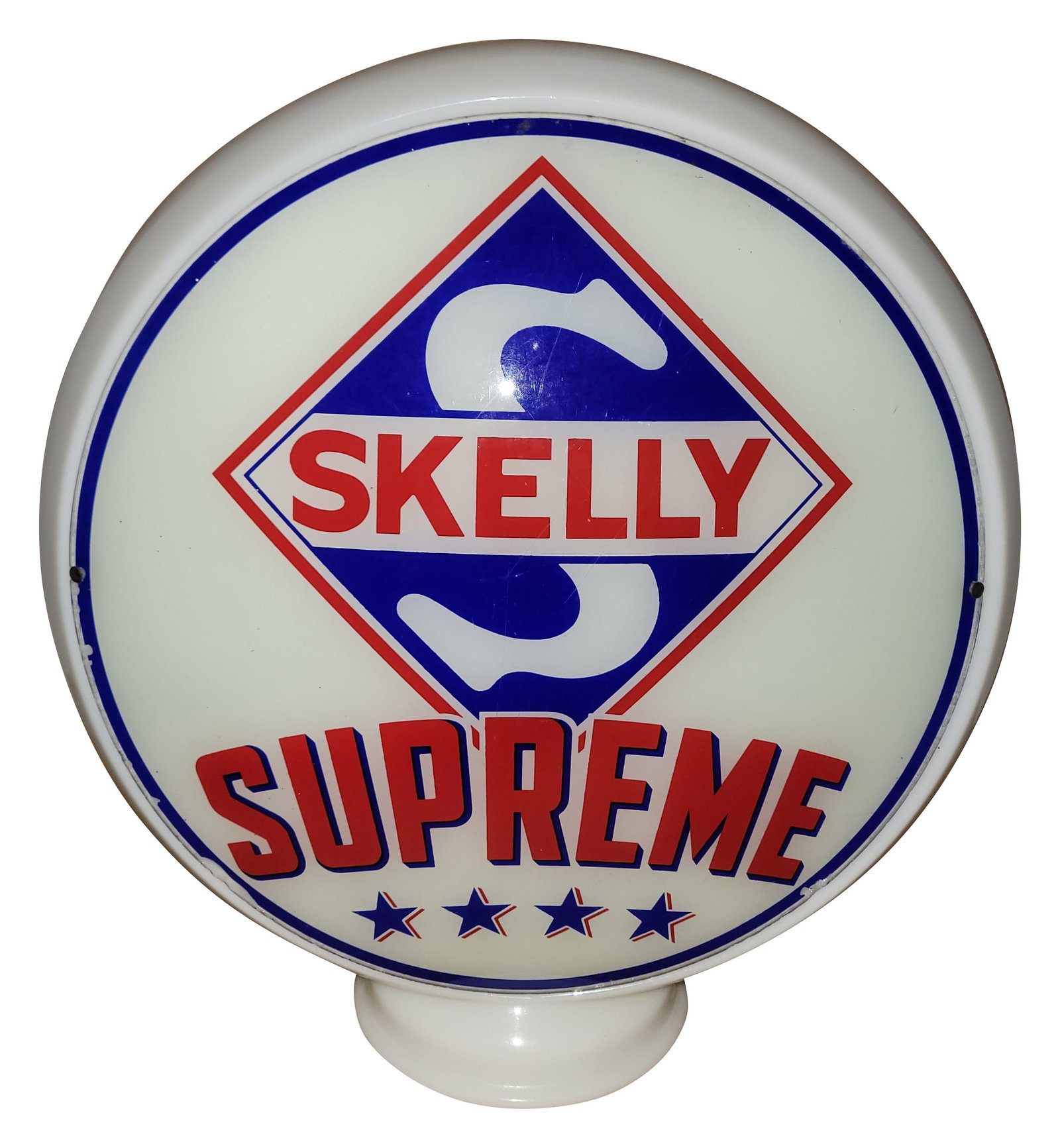 Skelly Supreme Gasoline 13.5" Complete Milk Glass Gas Globe: Two 13.5" lenses mounted in a milk glass body. Lens #1 has excellent color with light wear in the fields and small paint chips along the edges. The reverse has fine scratches and wear in the fields wi