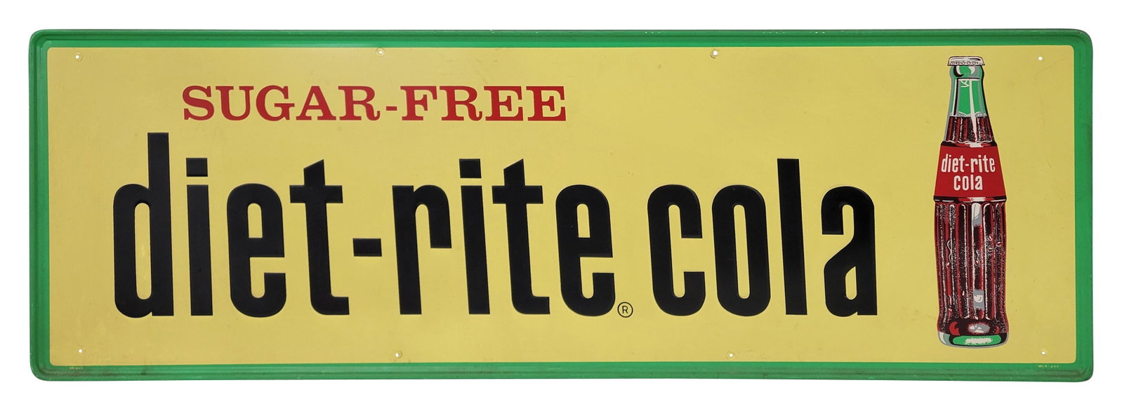 Sugar Free Diet Rite Cola Embossed Single Sided Tin Sign: 54" x 18" horizontal embossed SST sign displays good colors with light wear in the field including moderate shine, light scuffs and scratches. The self framed perimeter has minor wear with small scrat