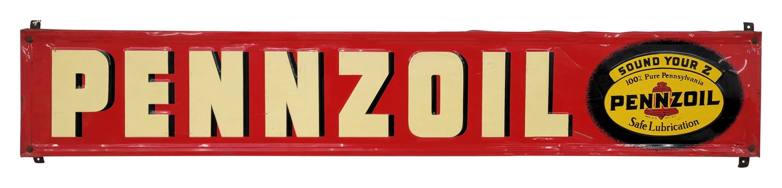 Pennzoil Sound Your Z Embossed Single Sided Tin Sign: 70" x 12" horizontal self framed embossed SST sign displays bright colors and high shine with multiple scuffs and several deep scratches in the field. The self framed perimeter has wear with scratches