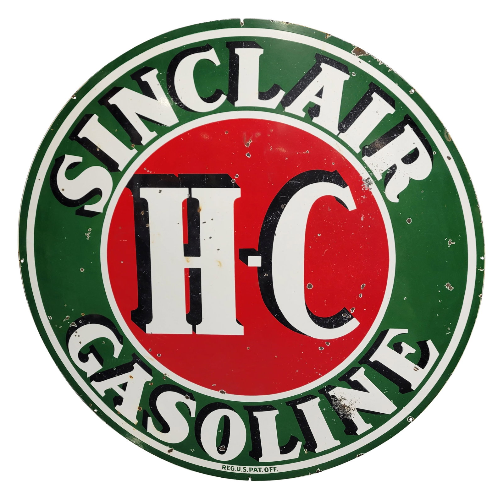 Sinclair H-C Gasoline 6' DSP ID Logo Sign: 72" D., DSP sign has good color and gloss. The display has surface wear with chips, minor discoloration and tiny non-factory holes in the left field. The reverse has heavier wear with wash and lower g