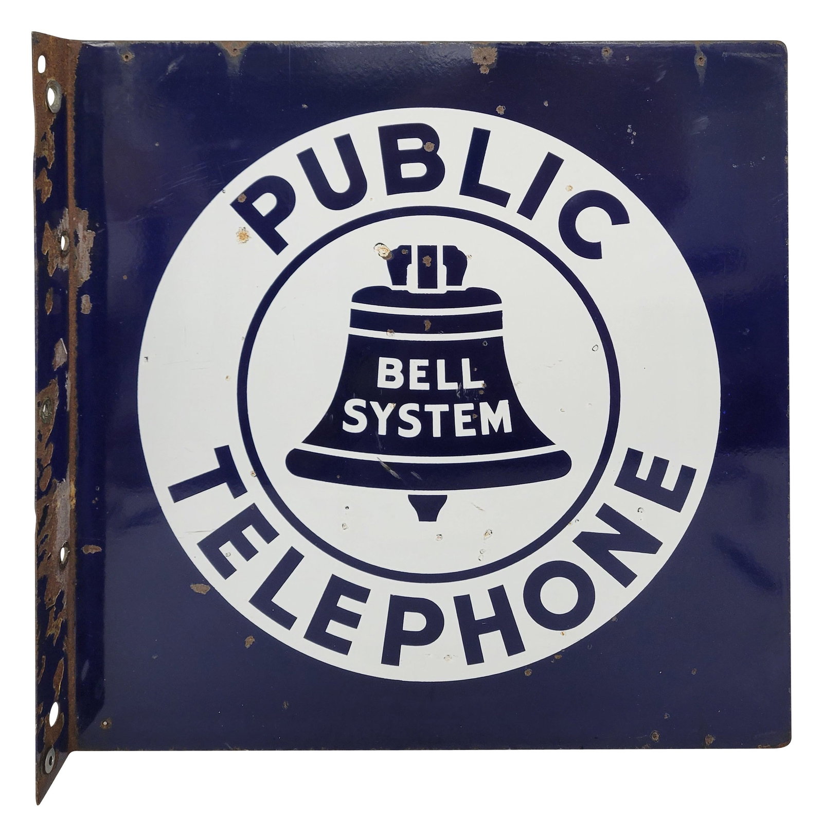 Bell System Public Telephone Porcelain Flange Sign: 18" x 18" DSP flange sign exhibits good color and gloss on both sides with small chips and scratches. Some of the smaller chips have been retouched with white paint. Additionally, there are several sm