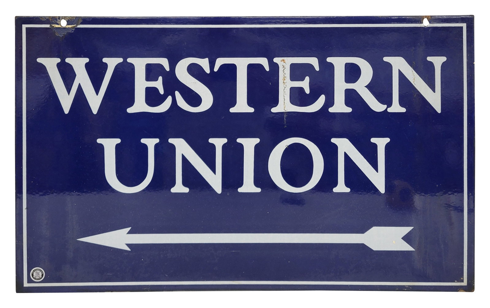 Western Union Double Sided Porcelain Sign TAC: 30.5" x 18.5" DSP sign exhibits excellent color and gloss on both sides. Side one features a small repaired chip at the end of the arrow, and the top right mounting hole has been touched up due to chi