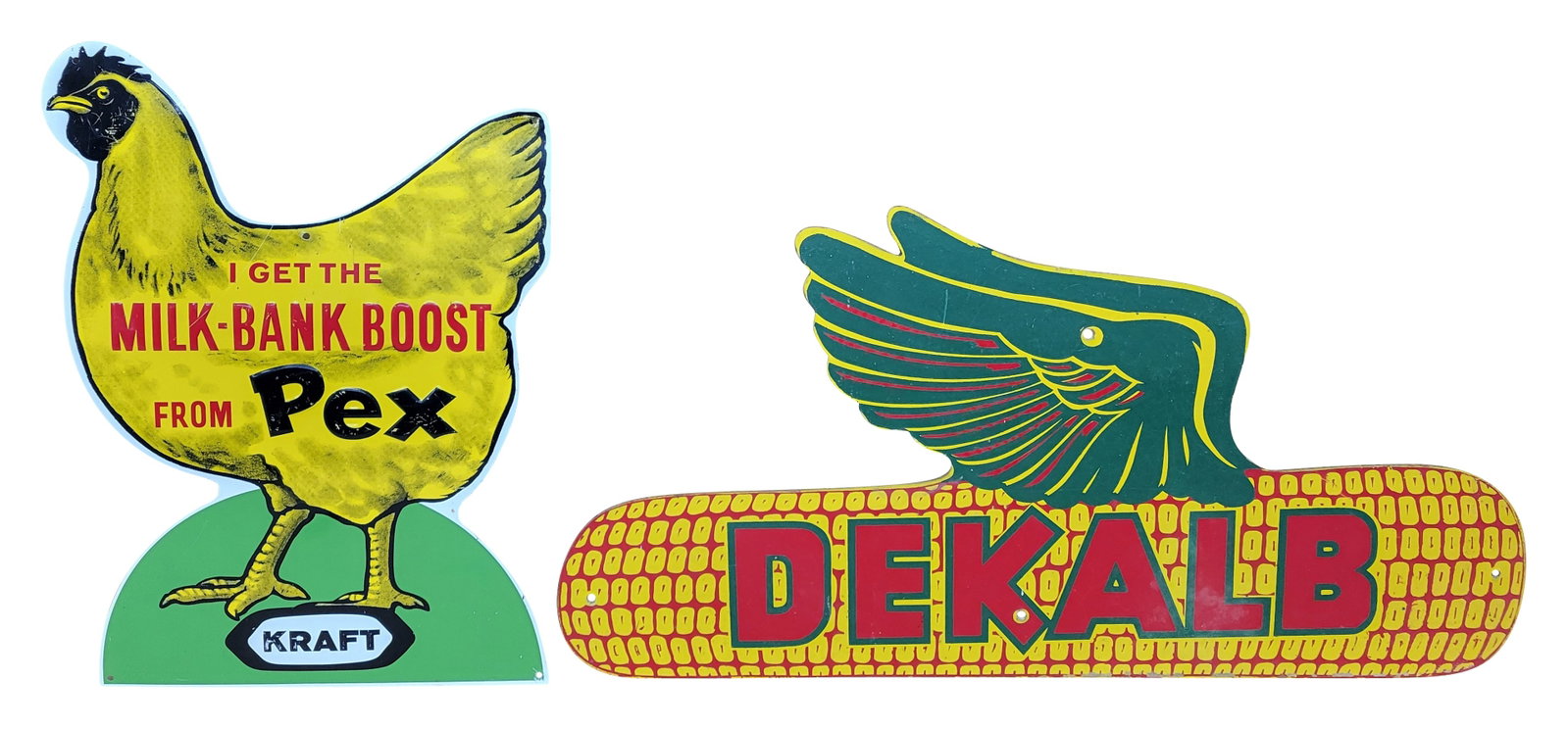 Dekalb and Kraft Pex Die Cut Sign: Lot of 2 includes a 30" x 15" Dekalb single sided masonite sign with typical signs of age wear including light scratches. The second sign is a 13.5" x 19.25" SST die cut embossed Pex sign with bright