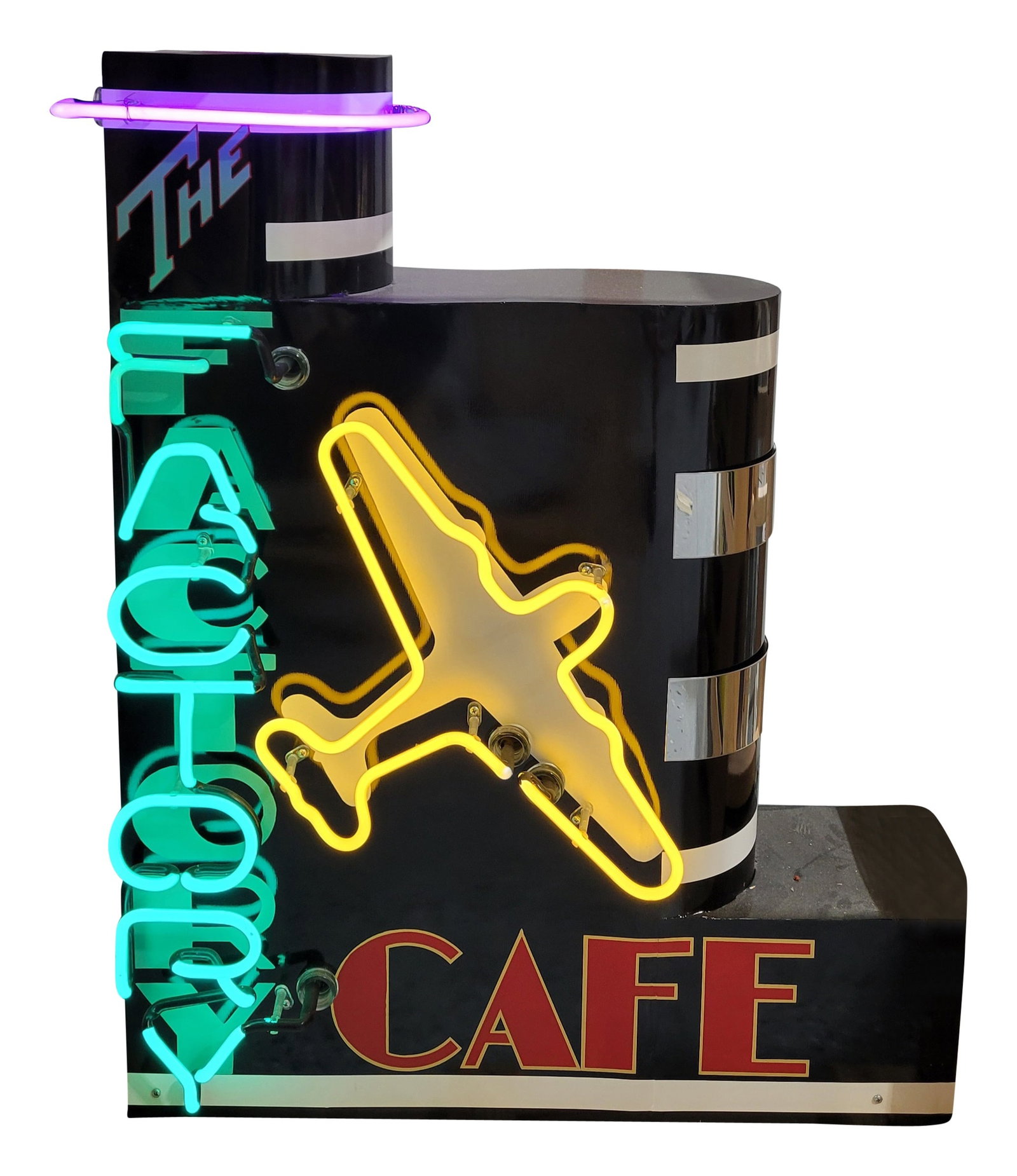 The Factory Cafe 3' DST Neon Sign w/ Plane: 39" x 34" x 12", DST neon sign with a metal can has excellent color and shine. The sign features vibrant three-color neon with a large plane graphic in the field on both sides. Both sides feature a cl