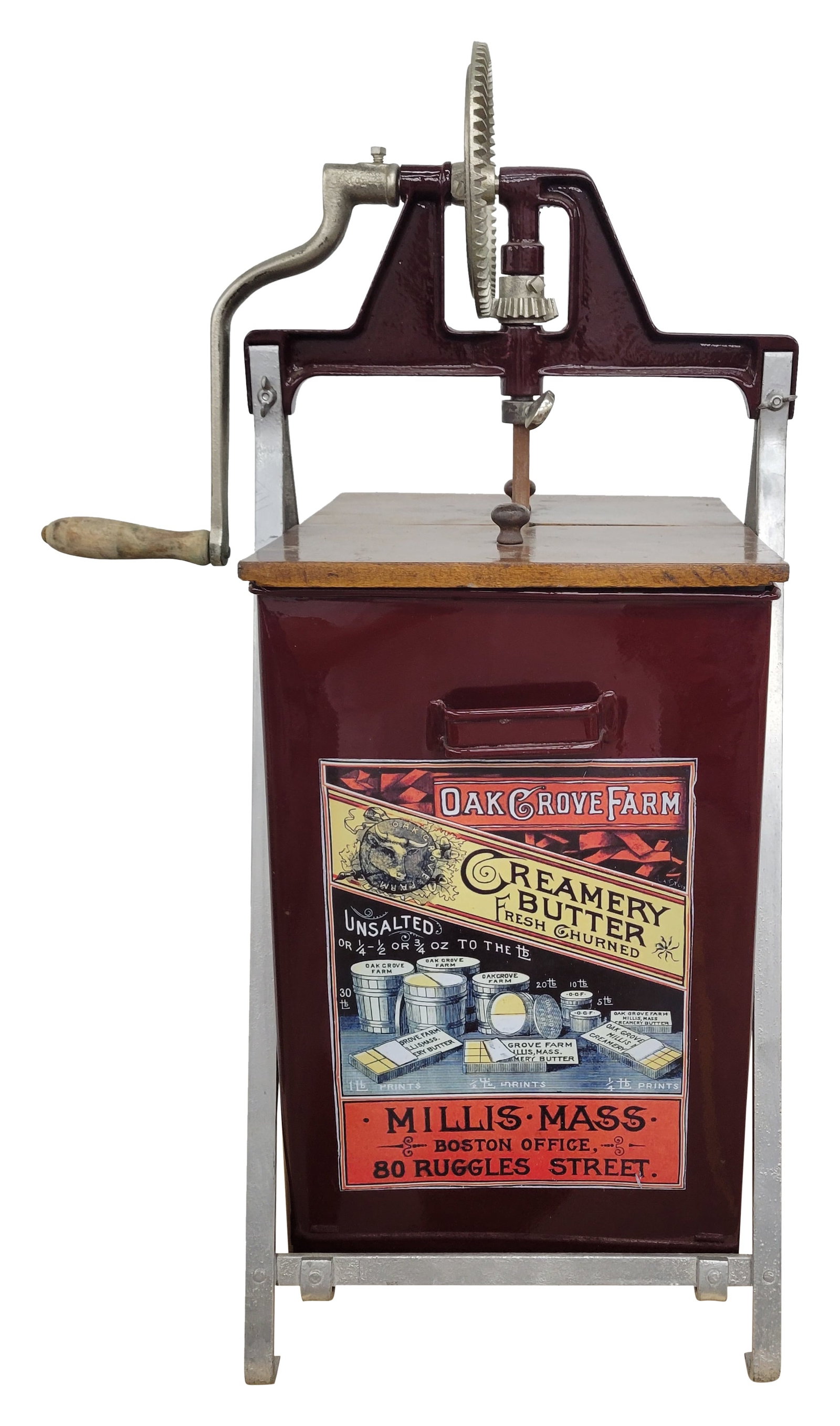 Restored Hood and Sons Ice Cream Butter Churn: 11" x 26" x 12" restored butter churn is in excellent condition with a metal canister that has been repainted with a high gloss paint. There are new Oak Grove Farm and Hood & Sons Ice Cream printed de