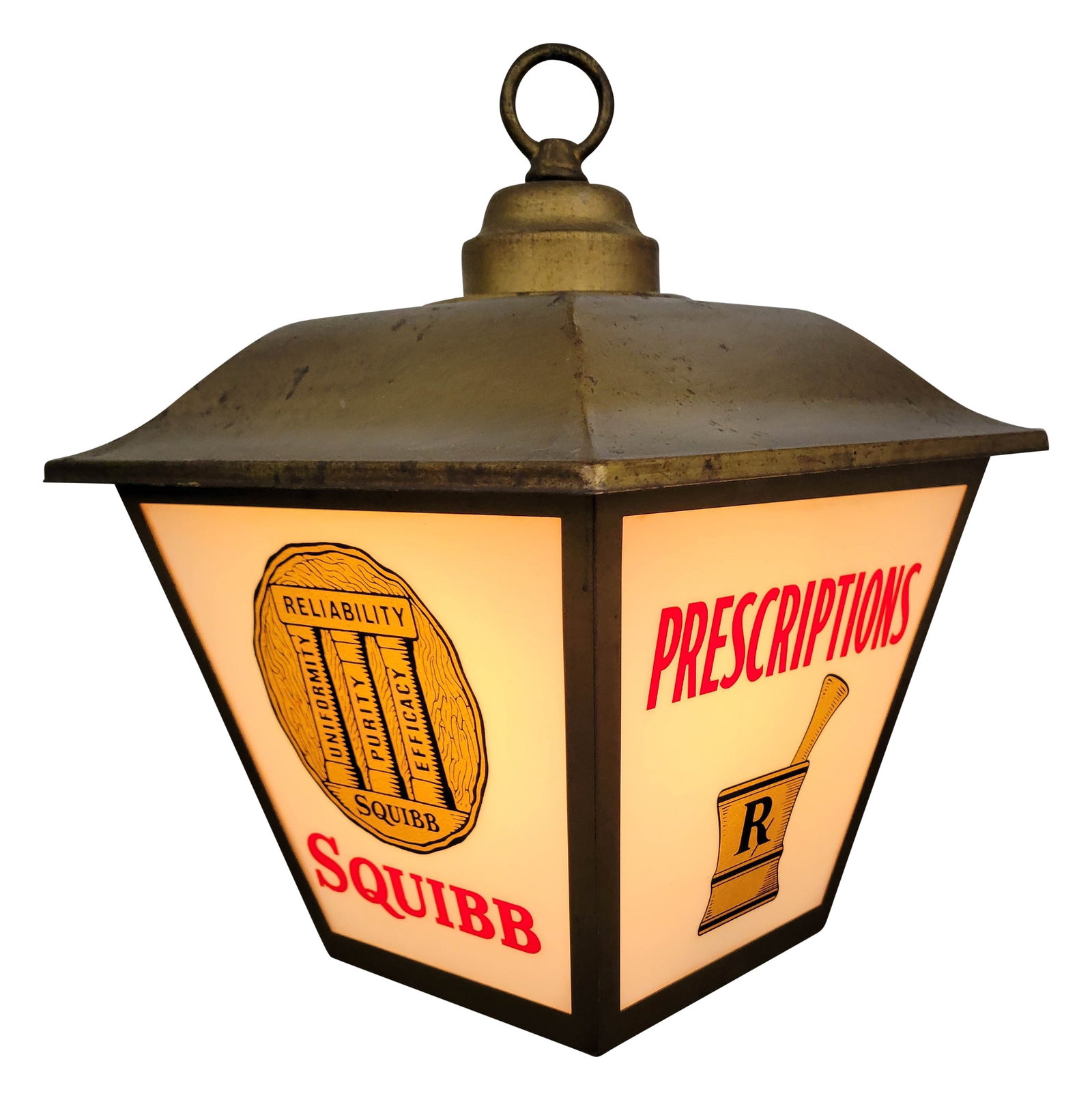 Squibb Prescriptions Light Up Rotating Advertising Light: 9.5" x 9.5" x 12" (light only) working 4 sided rotating advertising light features 4 plastic faces and metal housing. One of the 4 sides is cracked. The remaining 3 display well with bright colors. Th