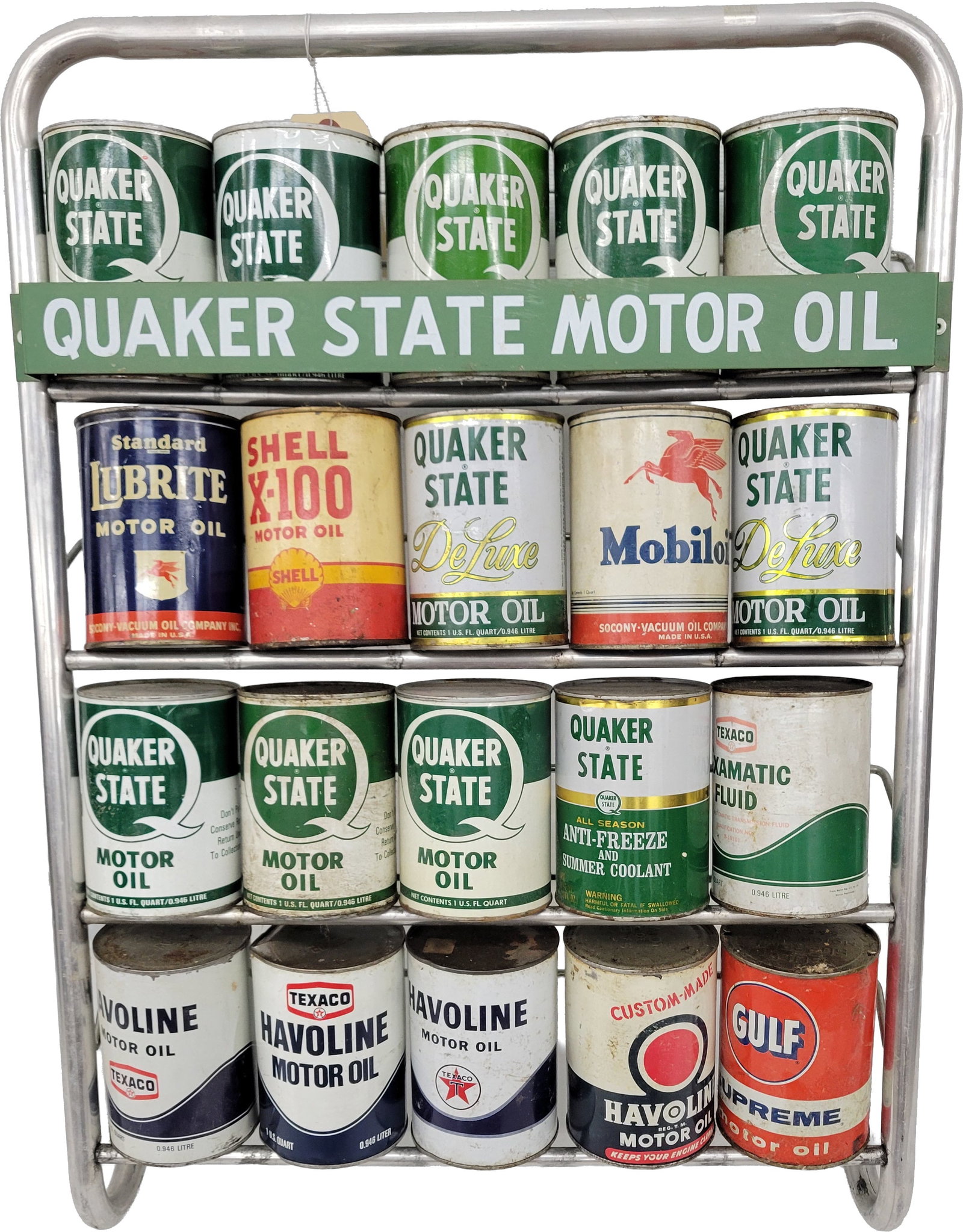 Quaker State Motor Oil Service Station Oil Can Rack: 22" x 29" x 14" oil can rack is in good condition, showing minor wear, and features a SST Quaker State Motor Oil sign. It has the capacity to hold 20 one-quart cans. There are 11 full Quaker State can