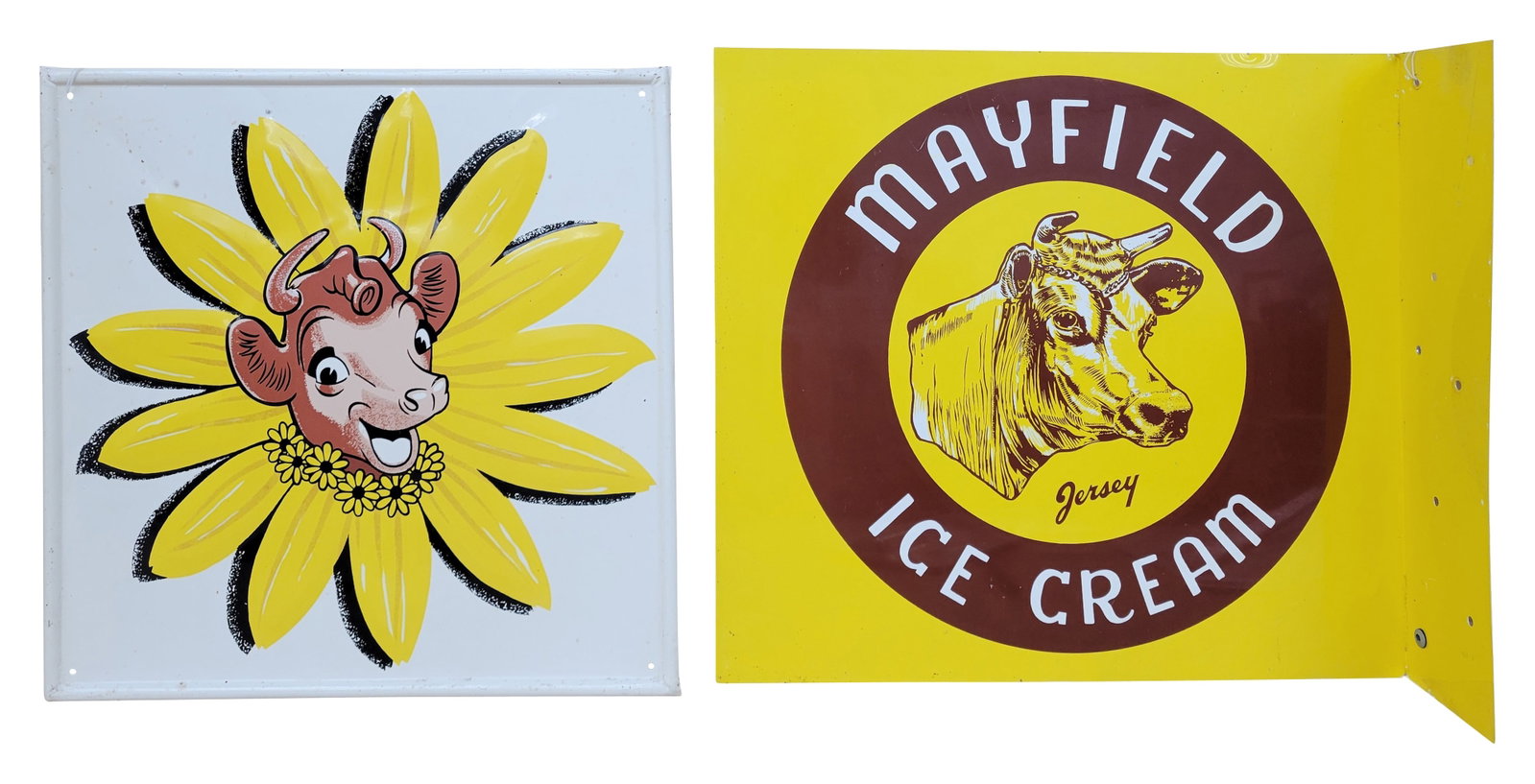 Mayfield Ice Cream Flange and Borden's Elsie The Cow Embossed SST Sign: Lot includes a modern 20" x 18" Mayfield Ice Cream tin flange sign in very good condition with light scuffs and minor scratches. Also included is a 17.5" x 17.5" embossed SST Borden's Elsie the cow si