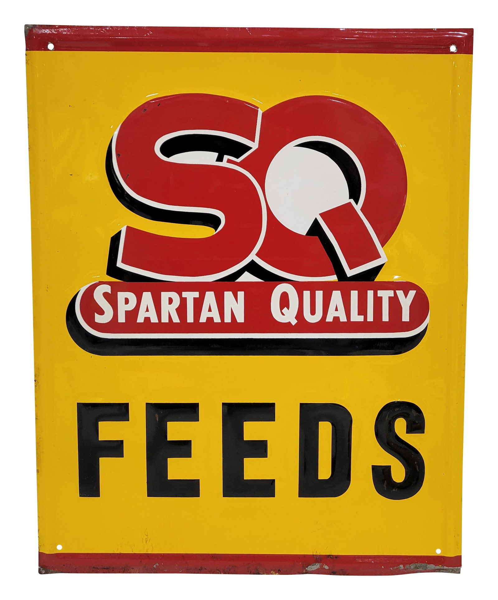 Spartan Quality Feeds Embossed SST Sign: 14" x 18" embossed single sided tin sign displays excellent color and shine. There is light wear on the surface of the embossed letters with a few fine scratches. The bottom edge has flaked paint and 
