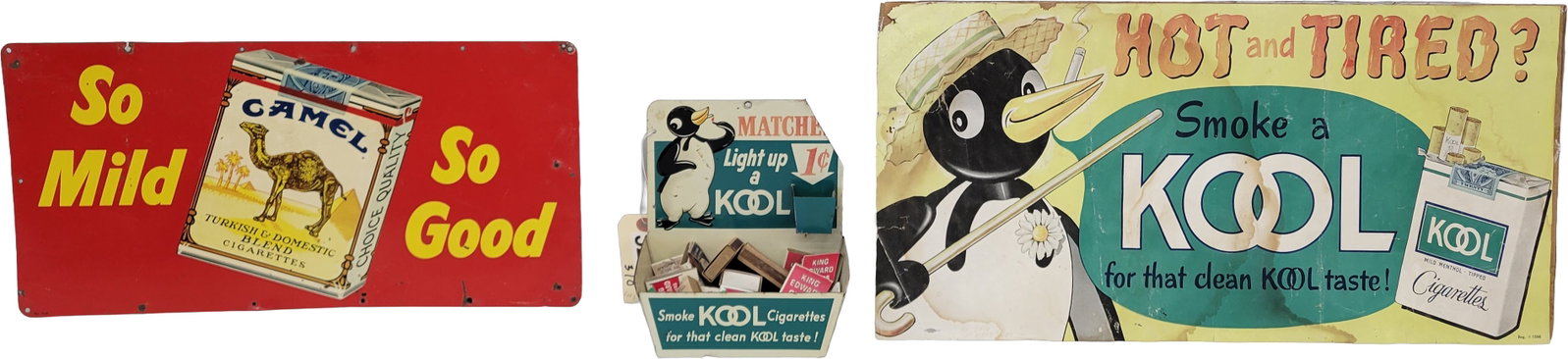 Kool Match Holder and Camel SST Sign: This lot includes a 7.5" x 8" x 4" Kool one cent tin matchbook dispenser with moderate wear and a collection of 33 matchbooks inside. Some names included are King Edwards and Swisher. Also included is