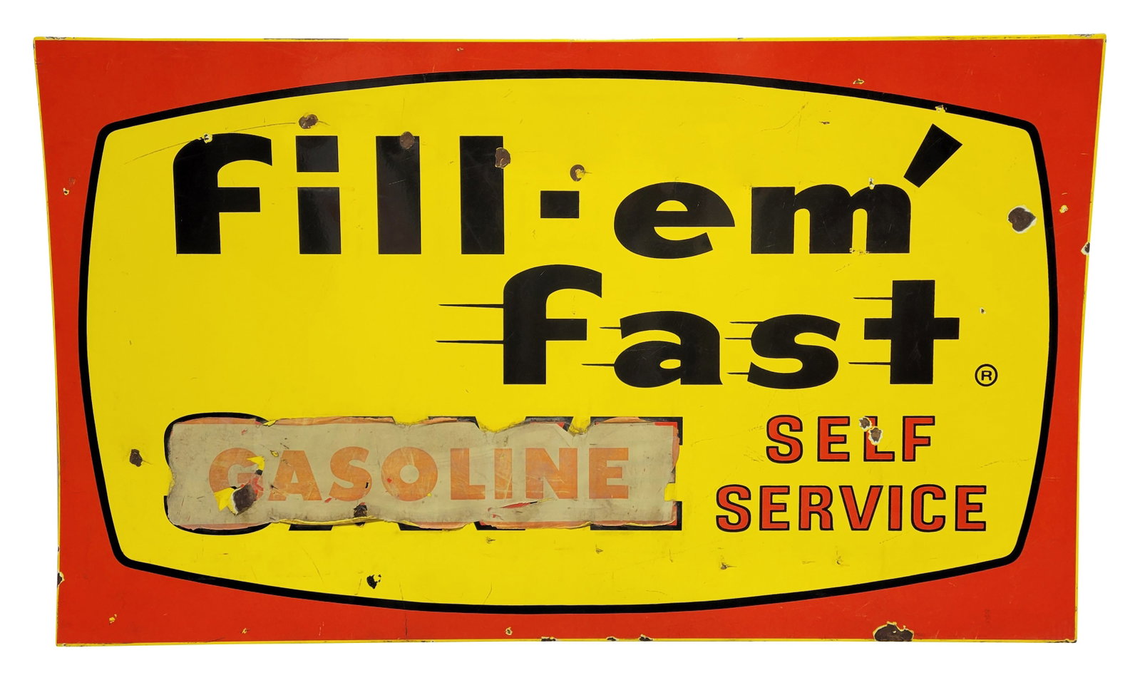 Fill Em' Fast Gasoline Self-Service SSP Sign: 34" x 58", SSP rolled-edge sign has good color and gloss. The field exhibits general wear with marks, fine scratches, chips and small dings. The "Service" lettering is covered by a "Gasoline" decal. T
