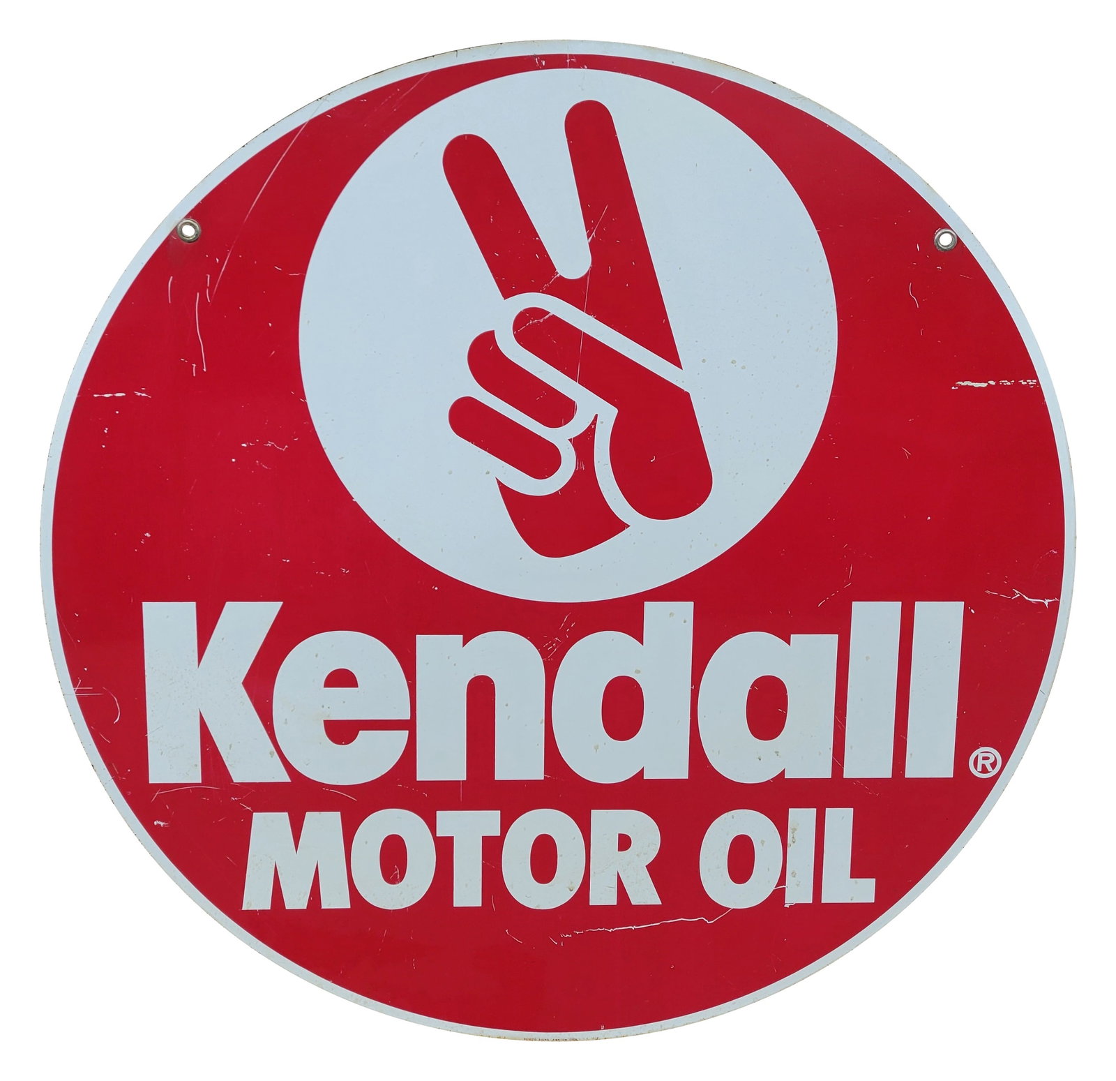 1985 Kendall Motor Oil Double Sided Tin Sign: 23.25" DST sign exhibits wear throughout the field on each side with scratches, and spattered stains. One side has noticeable fading. Scioto Signs 1985.