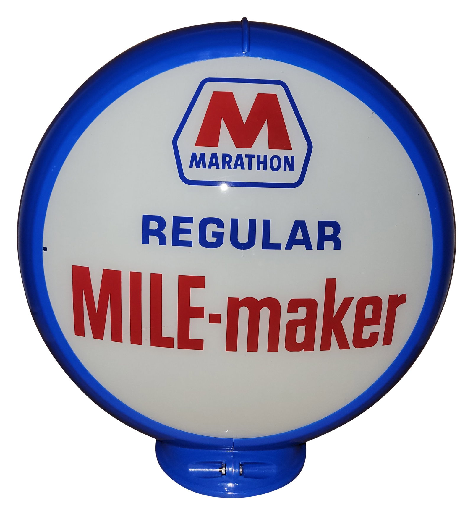 Marathon Regular Mile-Maker Gasoline 13.5" Complete Capco Body Globe: Two 13.5" lenses mounted in a blue capco body. Lens #1 has a clean field and a small chip near the left hand notch. The reverse is in a similar condition with a larger chip at the left hand notch.
