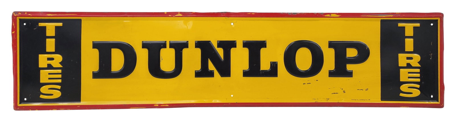 Dunlop Tires Embossed Single Sided Tin Sign: 60" x 14" horizontal embossed self framed SST sign displays bright colors and good shine. There is wear in the field with scratches and shallow bends. The self framed perimeter has wear with bends and